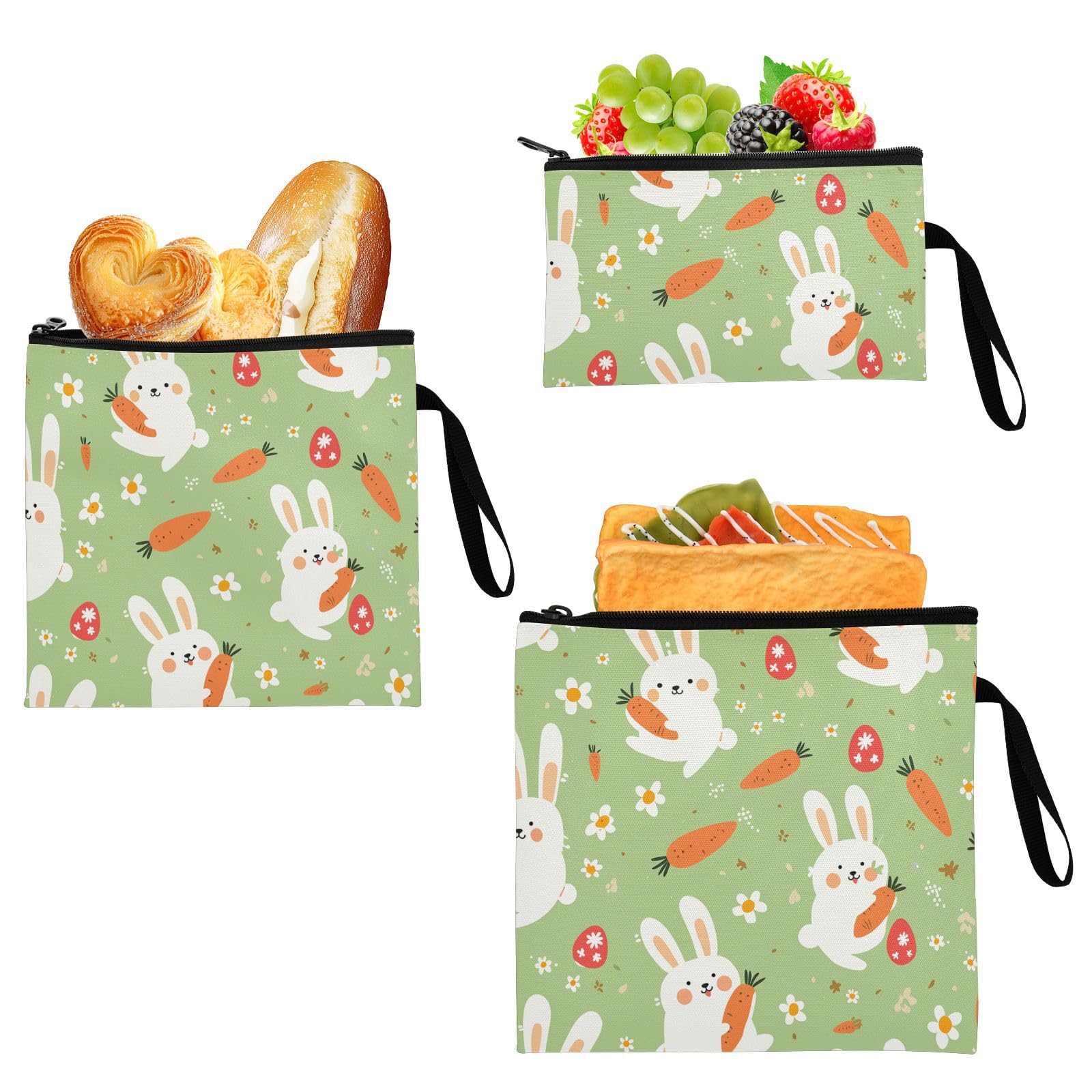 Yoogain Green Cute Rabbits Cartoon 3 pack Reusable Sandwich Snack Bag Multi-Use Travel Bags for Work Office Travel Picnic