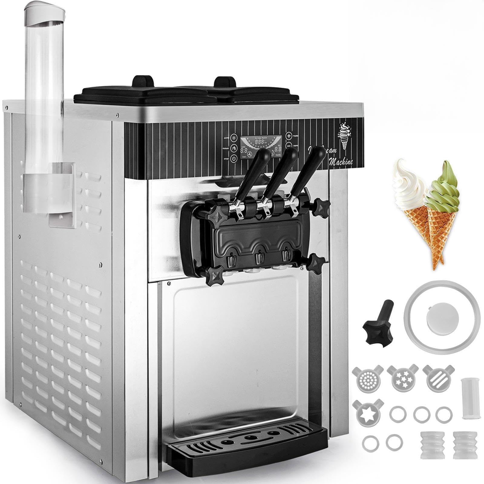 Machine à Crème Glacée professionnelle 2200W Machine à crème glacée italienne 20-28L/h 3 Saveurs Panneau LED à Nettoyage Automatique pour Yaourt Café Snack-Bar Glacier Camion-Restaurant 2 x 6L