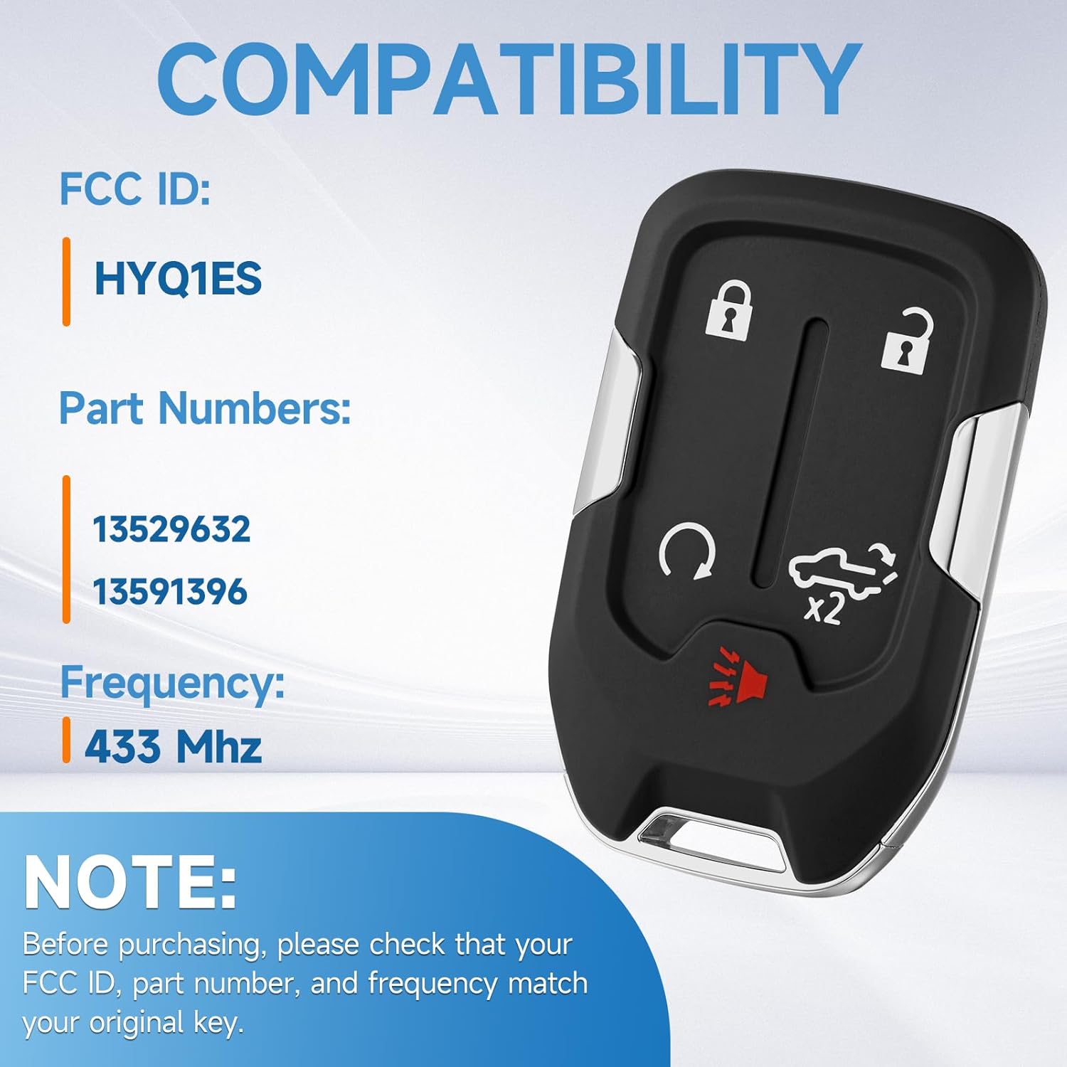 key fob replacement fits for gmc sierra 2019 2020 2021 2022 chevy silverado 2019-2022 smart proximity keyless entry remote control 433 mhz fcc:hyq1es p/n:13529632 13591396