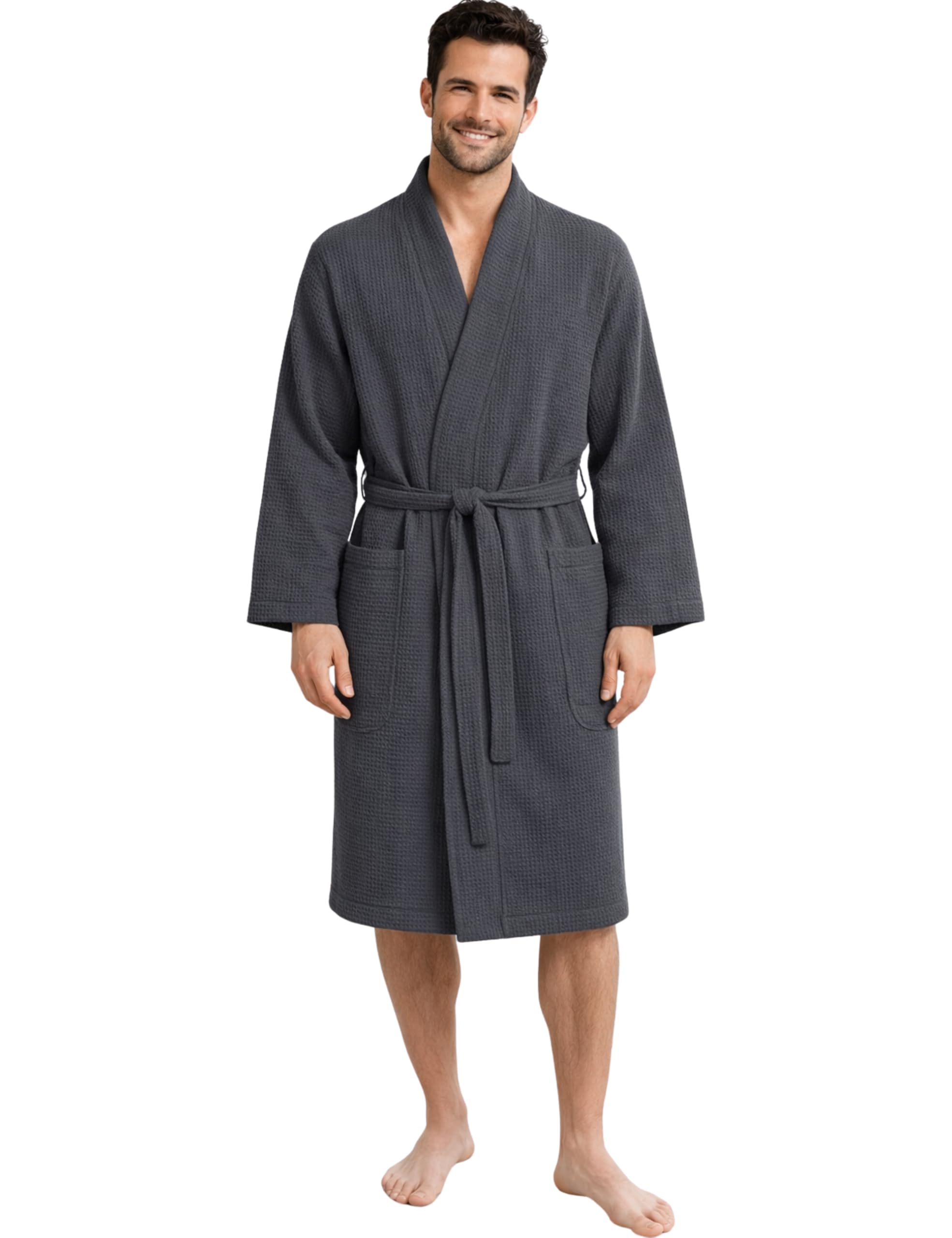 Morgenstern Dressing Gown Men Waffle 100% Cotton Lightweight Kimono Bathrobe Grey XL