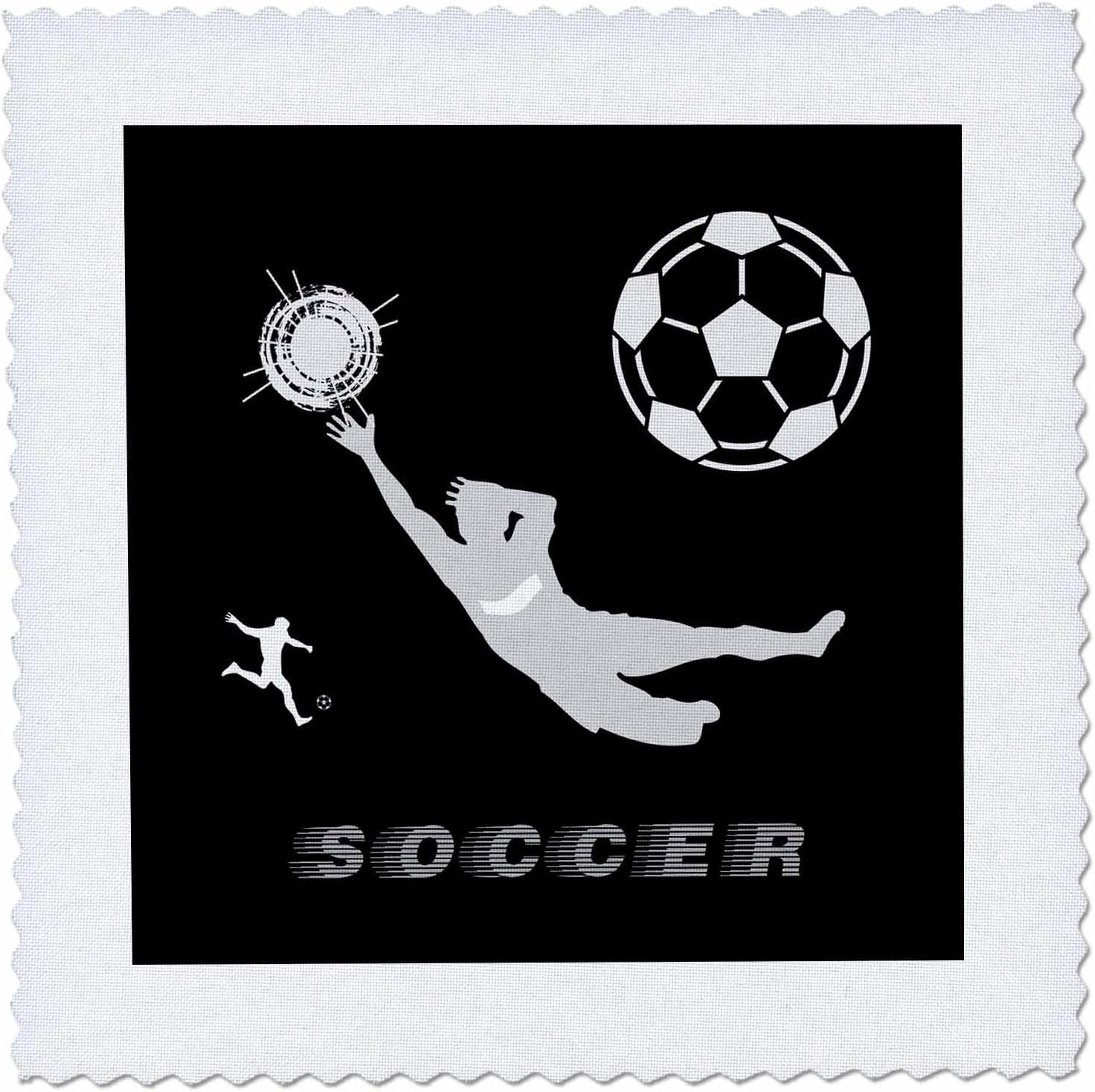 3dRose Football, Soccer. Goalkeeper, Sun. Grey Sign Soccer. White on Black 25x25 inch Quilt Square