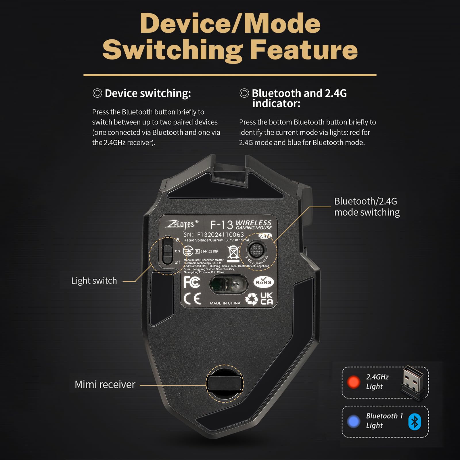 Souris de jeu sans fil, RVB double mode, Bluetooth, jusqu'à 24 000 ppp, 13 boutons macro programmables, souris optique 50 heures pour PC, ordinateur portable, MOBA FPS, PMW-3311, prise en main