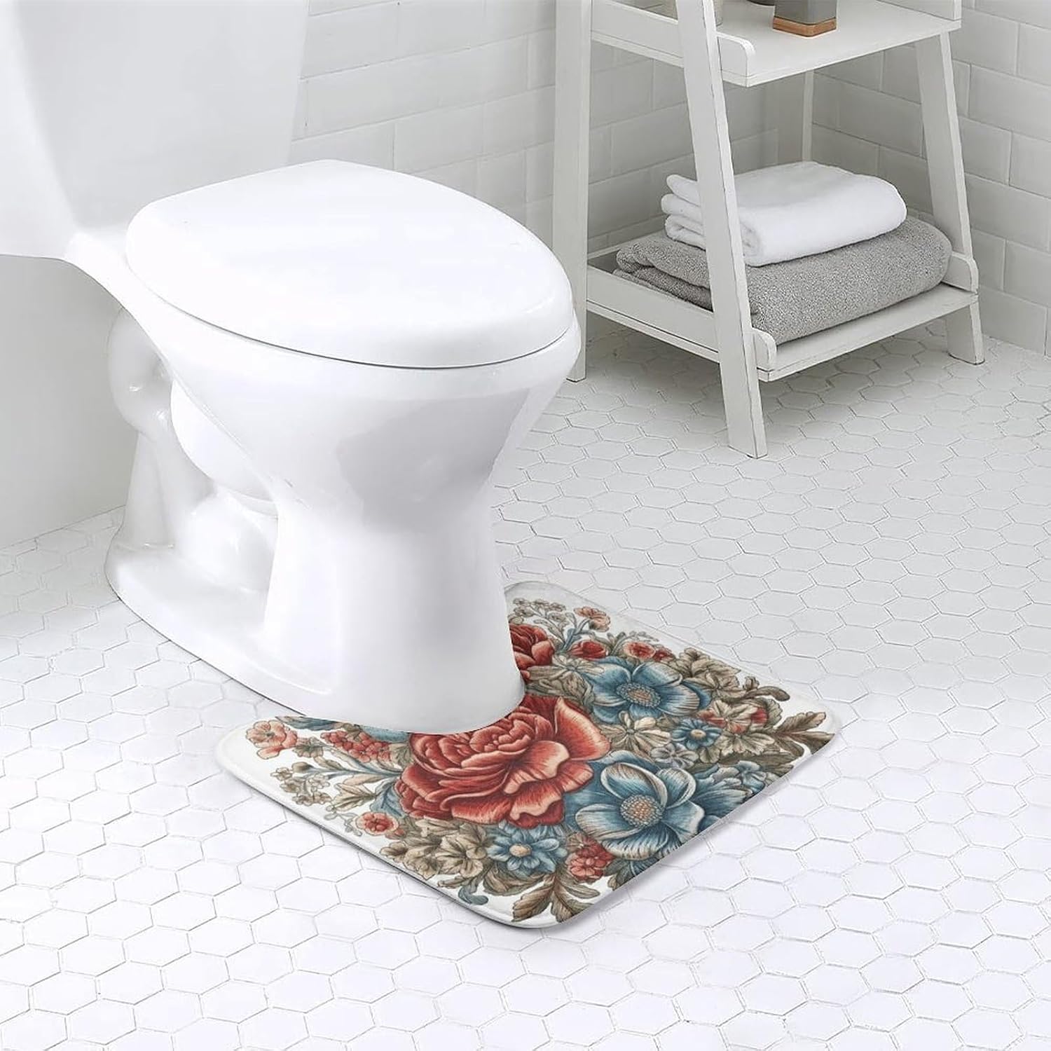 Bathroom Toilet Rugs U Shaped Washable,Blue and Red Flowers Printed Toilet Mats for Bathroom,Soft Absorbent Non-Slip Contour Bath Rugs for Toilet,Coral Fleece Toilet Floor Mat 20x16