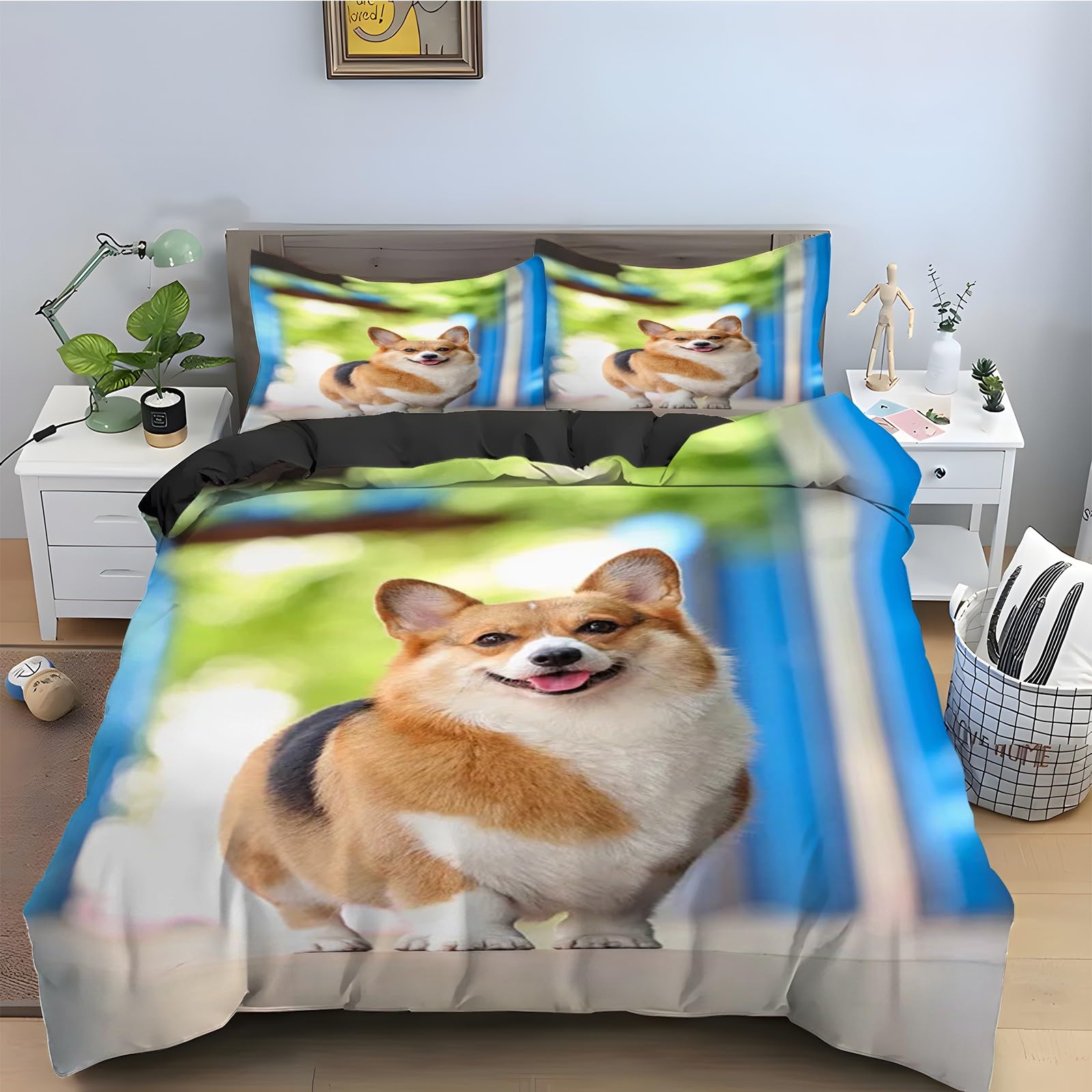 Parure de lit 240 x 260 Corgi avec fermeture éclair pour un lit double mignon et facile à faire