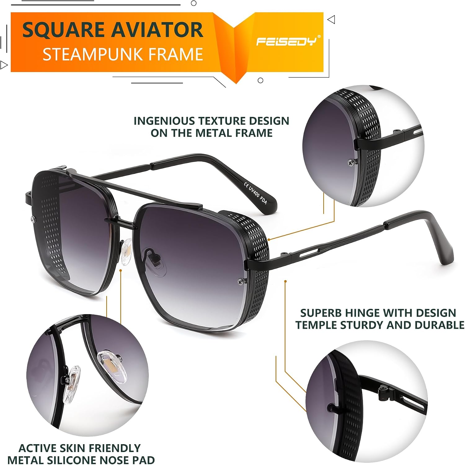 FEISEDY Sunglasses Mens Women Vintage Pilot Square Trendy Metal Steampunk Fishing Driving Sun Glasses B2894