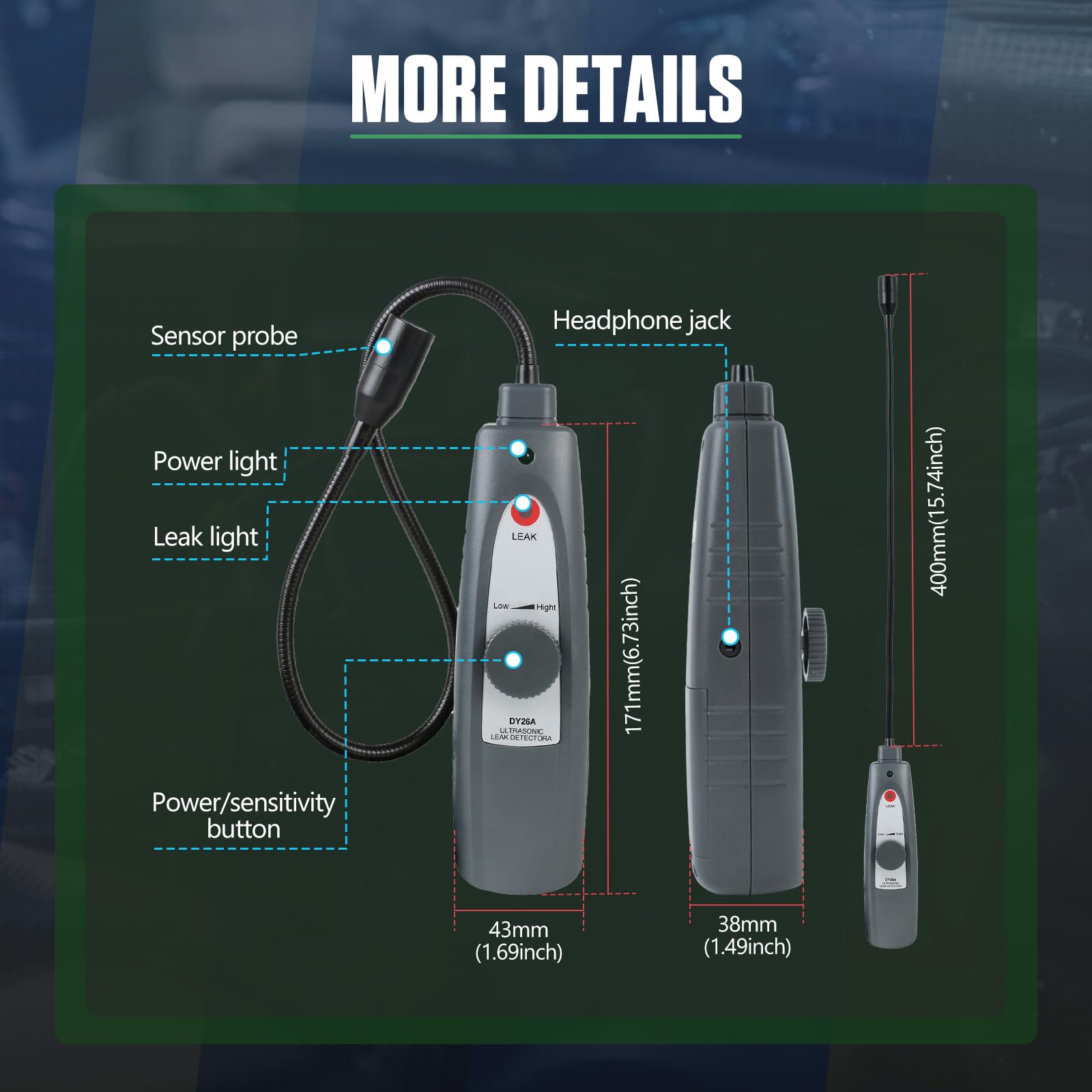 Rilevatore di perdite ad ultrasuoni, strumenti di rilevamento perdite Rilevatore di perdite d'aria 40KHz±2KHz Rilevatore di rumore automobilistico con cuffie Sensore sensibile sonda 420MM