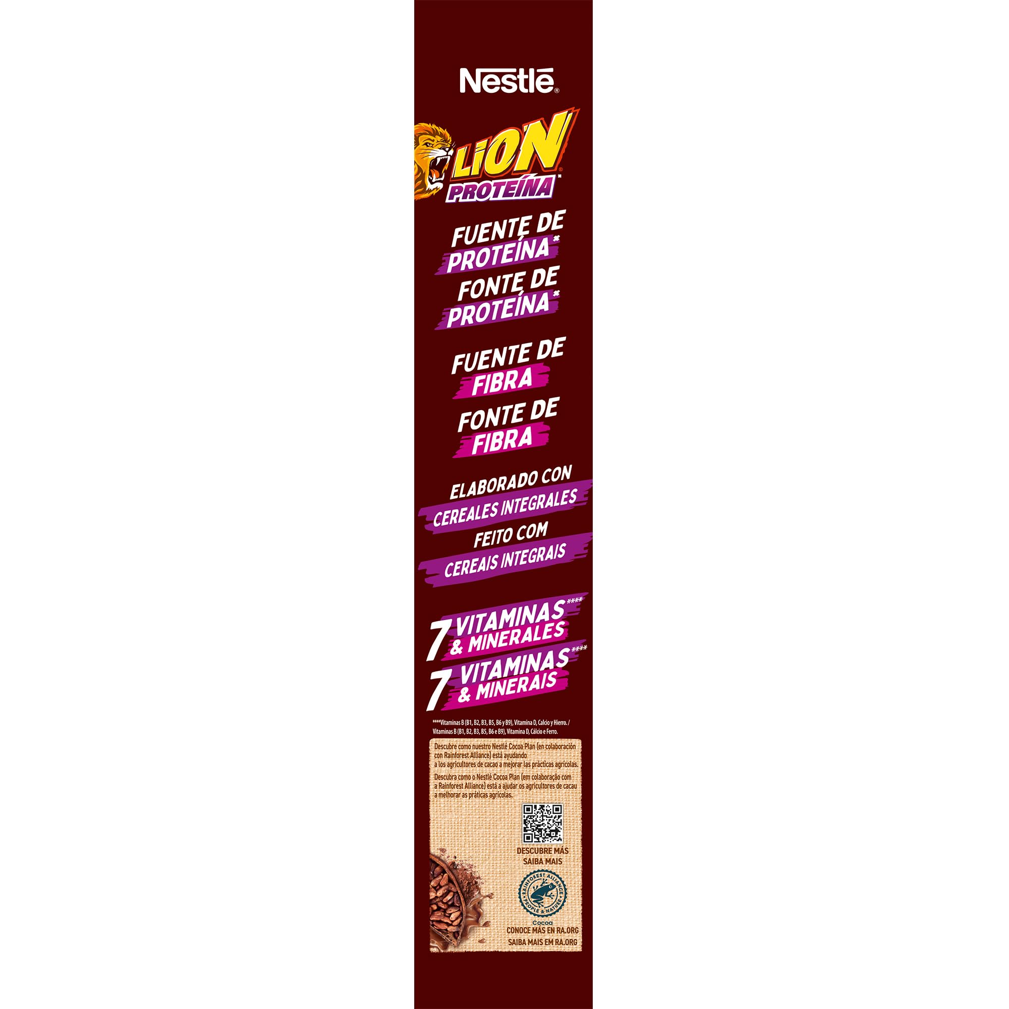 Cereales Nestlé Lion Proteína, Cereales integrales con chocolate y caramelo, 7 estuches de 340g