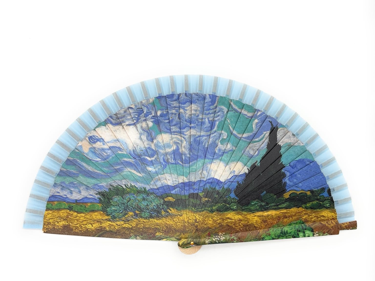 Genérico Ventaglio pieghevole con design artistico, ispirato ai dipinti classici, in legno naturale e tessuto, leggero, elegante e portatile (23 cm chiuso / 40 cm aperto) (turchese-verde)
