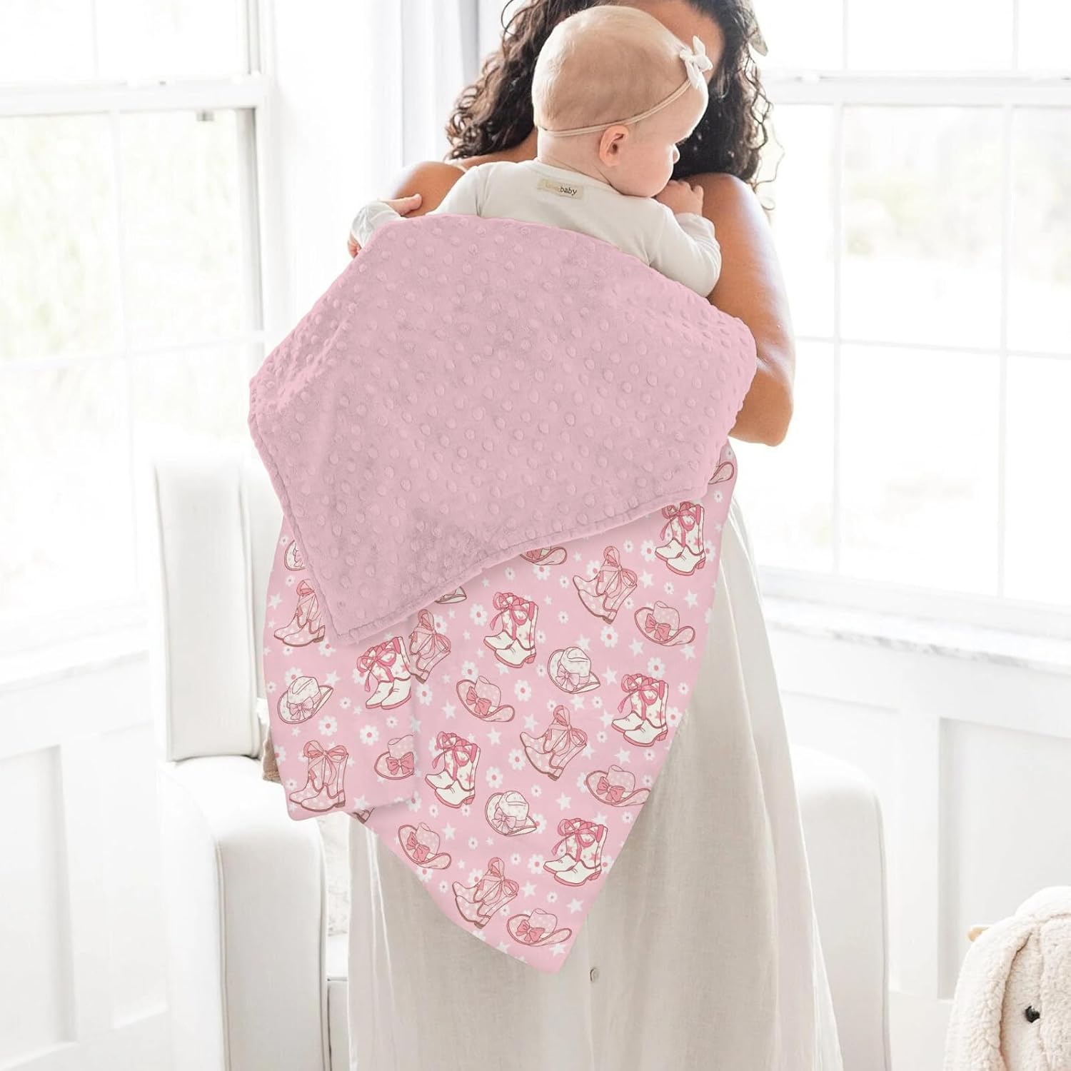 Pink Floral Bows Cowgirl Boots Hat Baby Blanket for Girl Boho Western Cowgirls Stars Soft Mink Dotted Backing Double Layer Swaddle Receiving Blanket for Toddler Nursery Country Bed Blanket 30x40