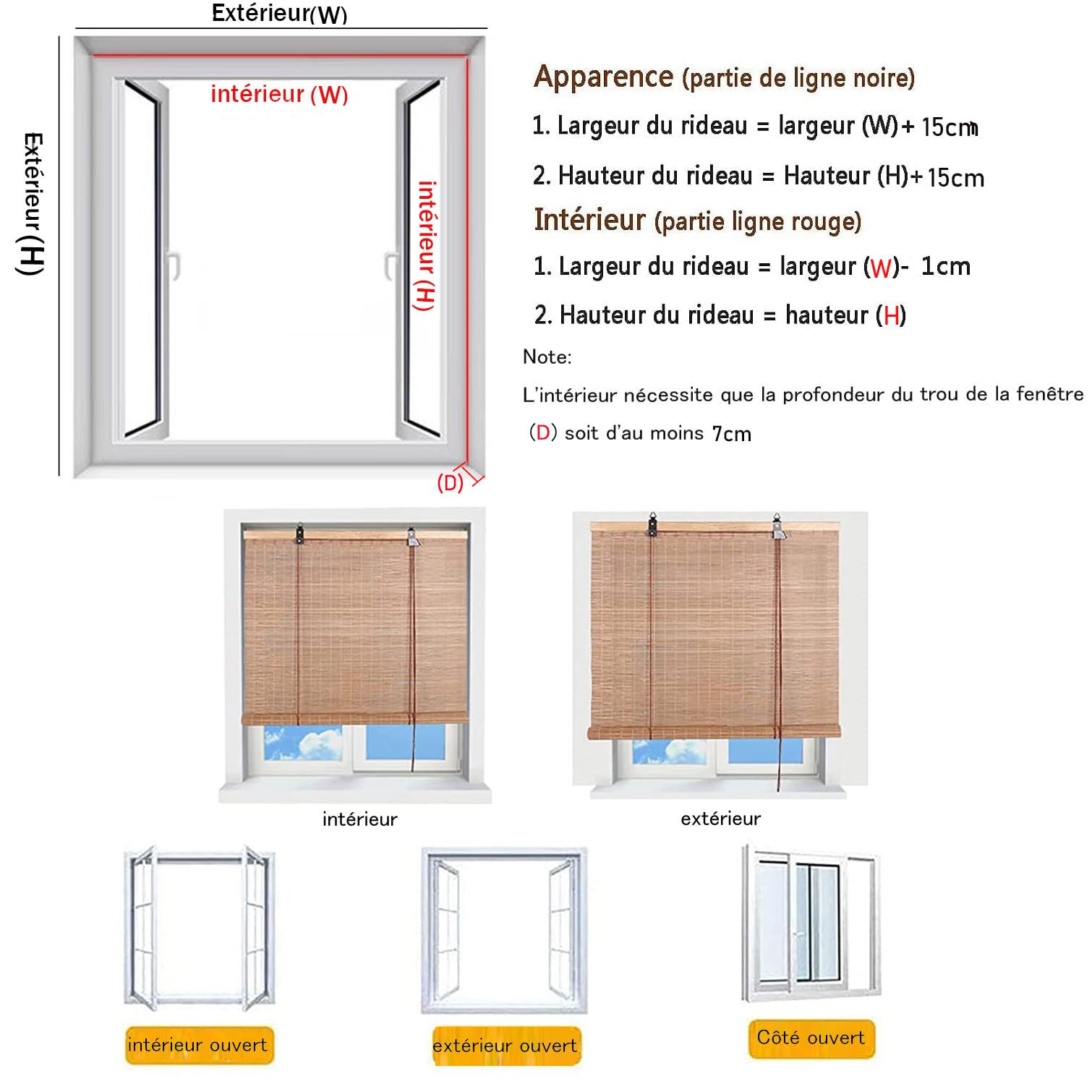 Store Enrouleur Bambou Naturel,Store Venitien Store Bambou Exterieur Store Occultant Fenetre,Rideau Pare-Soleil Intimité pour Maison,Personnalisée,Largeur x Hauteur (90cm x 260cm)