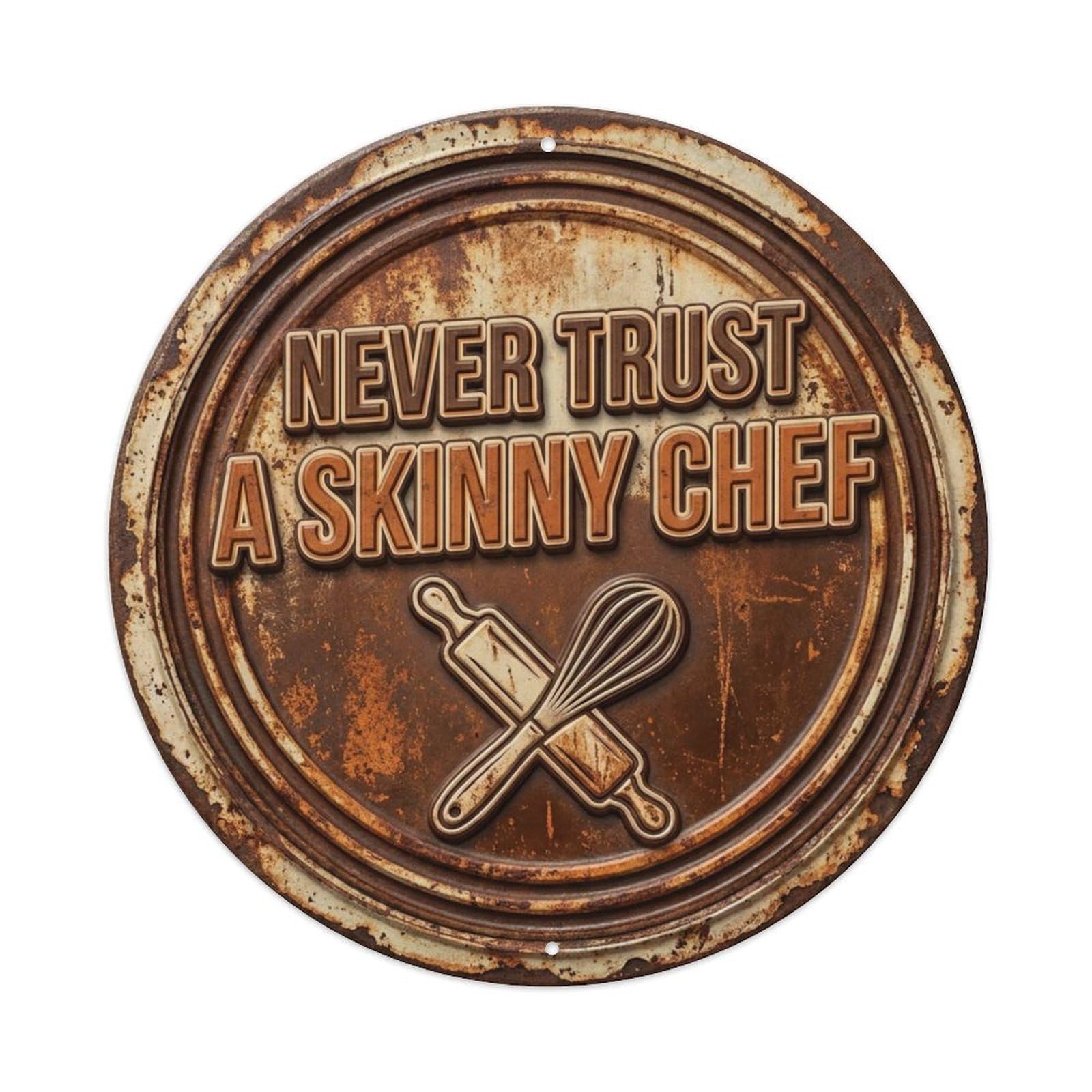 Never Trust Skinny Chef Classic Bedroom Ornament Retro Slogans Vintage Metal Tin Sign Plaque Wall Decor for Cafe, Club, Garden Round Metal Poster 8x8Inch