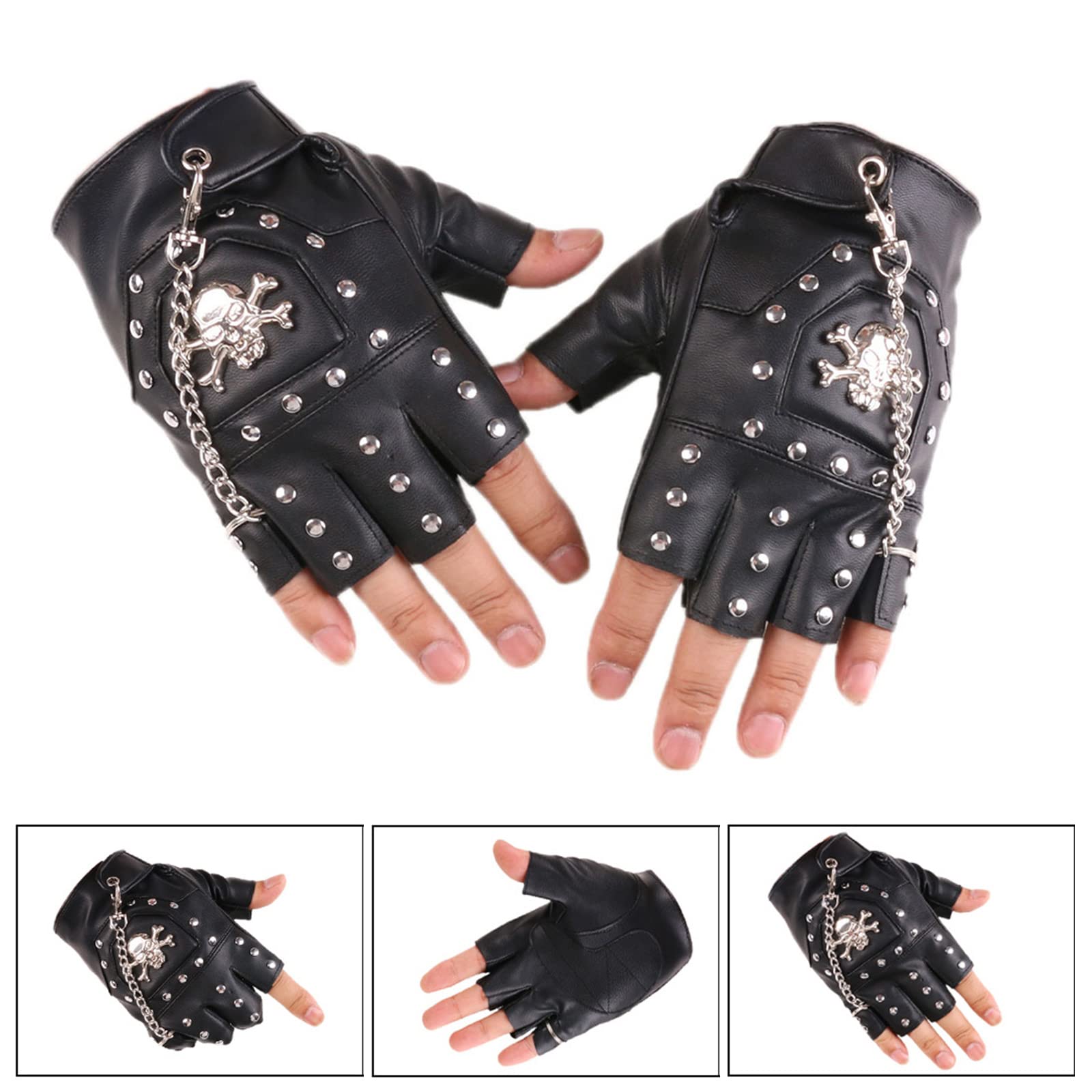 Half Finger Punk Rivets PU Leather Gloves Black Gloves With Metal Chain For Motorcycles Fingerless Dancing Mittens Fing