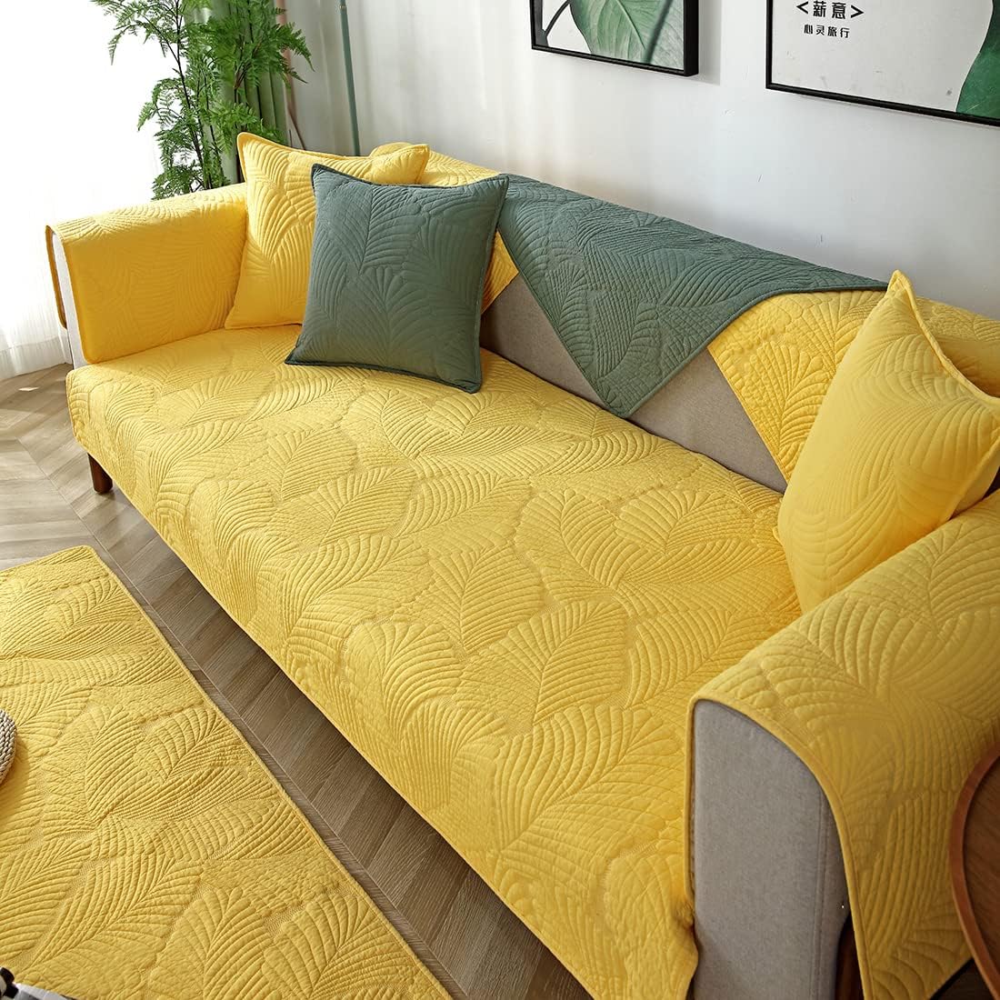 Solid Color Leaf Cotton Quilted Sofa Covers Anti-Slip Soft Sectional Couch Cover Washable Sofa Slipcover for Dogs Cats Pet (Yellow,28''x59'')