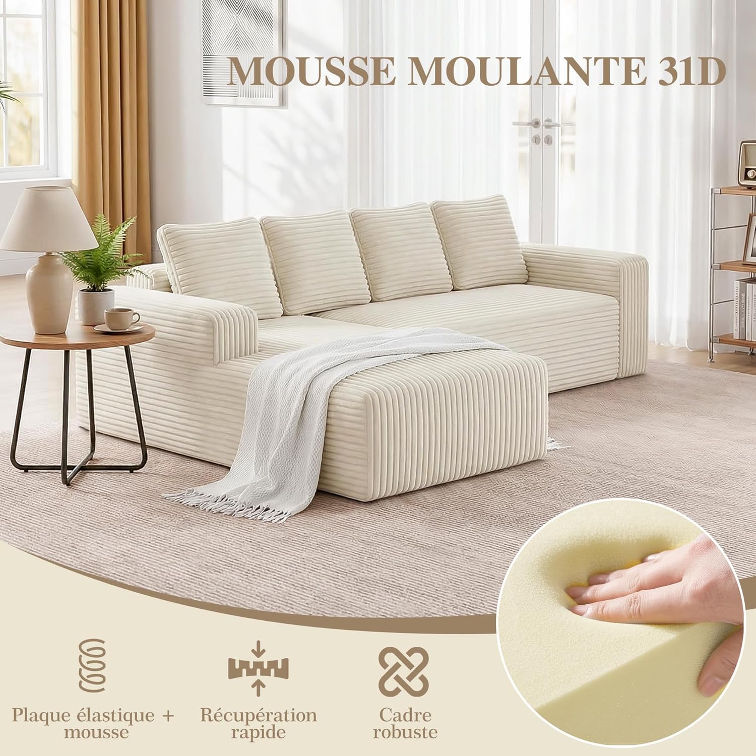 261cm Canapé d'angle Convertible, Canape 3 Places en L, Compressible canapé modulable Cloud avec Assise Profonde, canape Dangle Convertible et Librement combinable pour Le Salon, Beige
