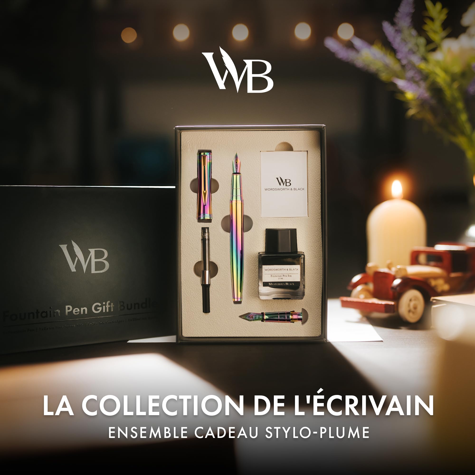 Wordsworth & Black Coffret stylo plume, plume m et extra-fine, arc-en-ciel | Pour hommes et femmes, corps en laiton, or 18 carats, flacon d'encre + 6 cartouches, convertisseur, écriture et calligraphie