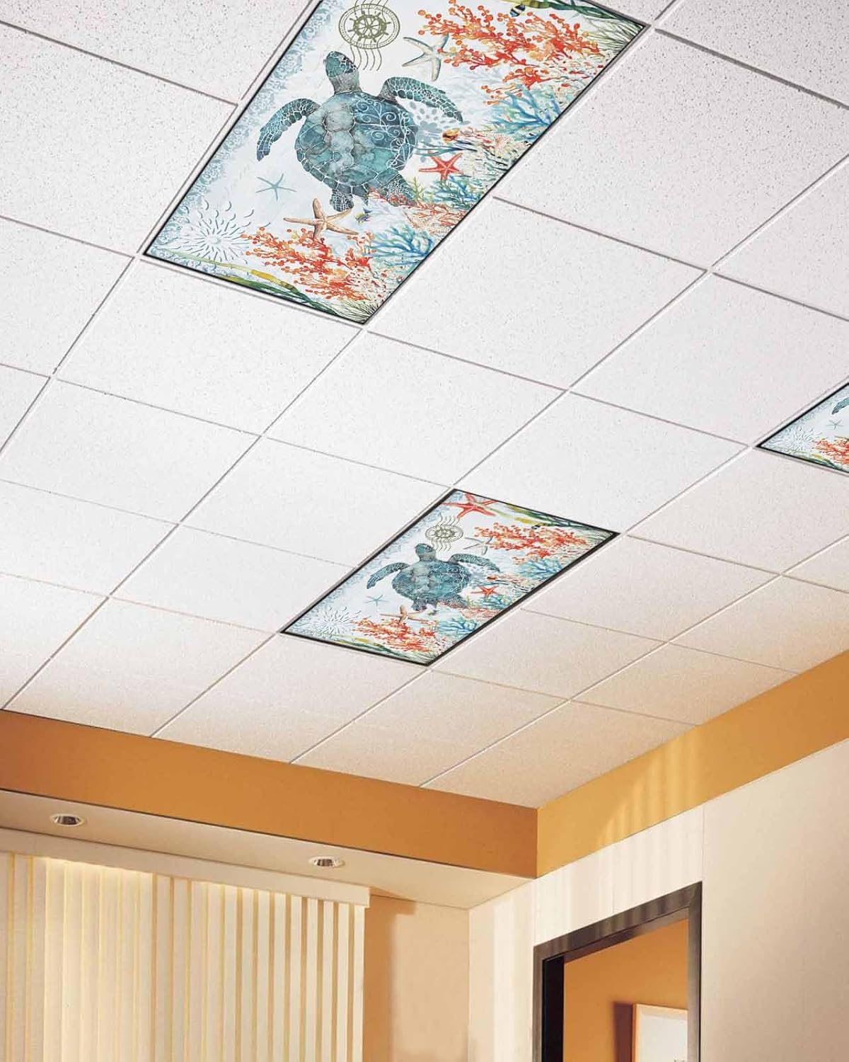 2 Pack Teal Blue Sea Turtle Fluorescent Light Covers Coastal Ocean Coral Seagrass Shell Starfish Magnetic Light Covers Fluorescent Ceiling Shade Filters for Classroom Office School Home 4 x 2 Feet
