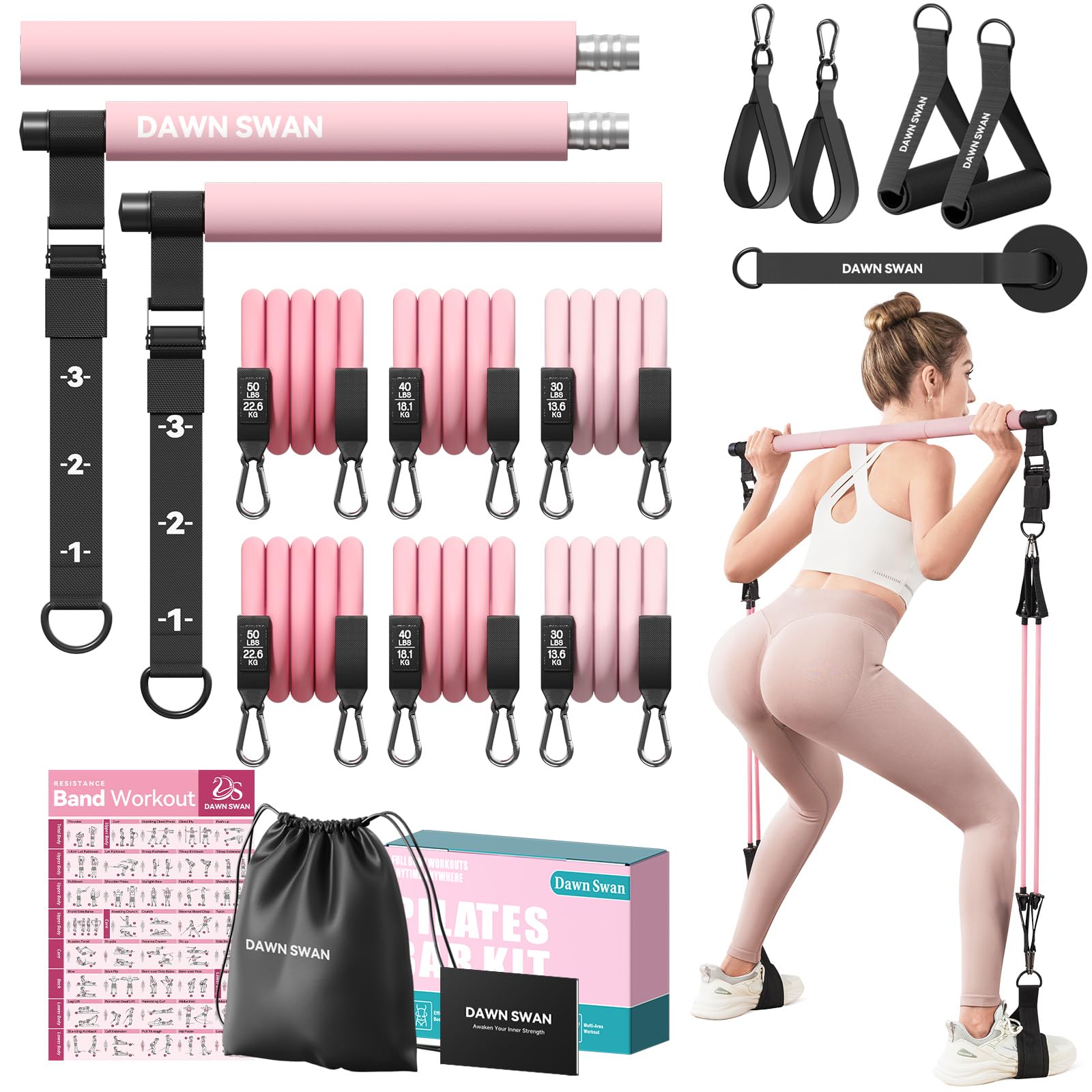 [DAWN SWAN] Pilates Bar Kit with Resistance Bands – Adjustable Home Gym Workout Equipment for Women & Men – Portable Pilates Equipment for Squats, Yoga & Full Body Toning (Pink)