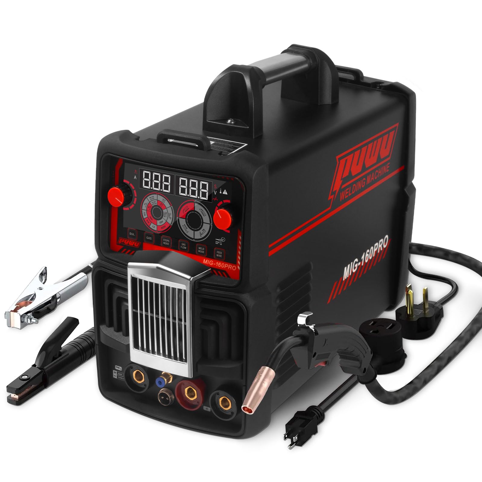 Soldador MIG multiproceso de 160 A, núcleo de flujo sin gas/MIG/Lift TIG/Stick ARC soldador 4 en 1 con inversor IGBT pantalla digital LED, protección térmica, voltaje dual de 110 V/220 V