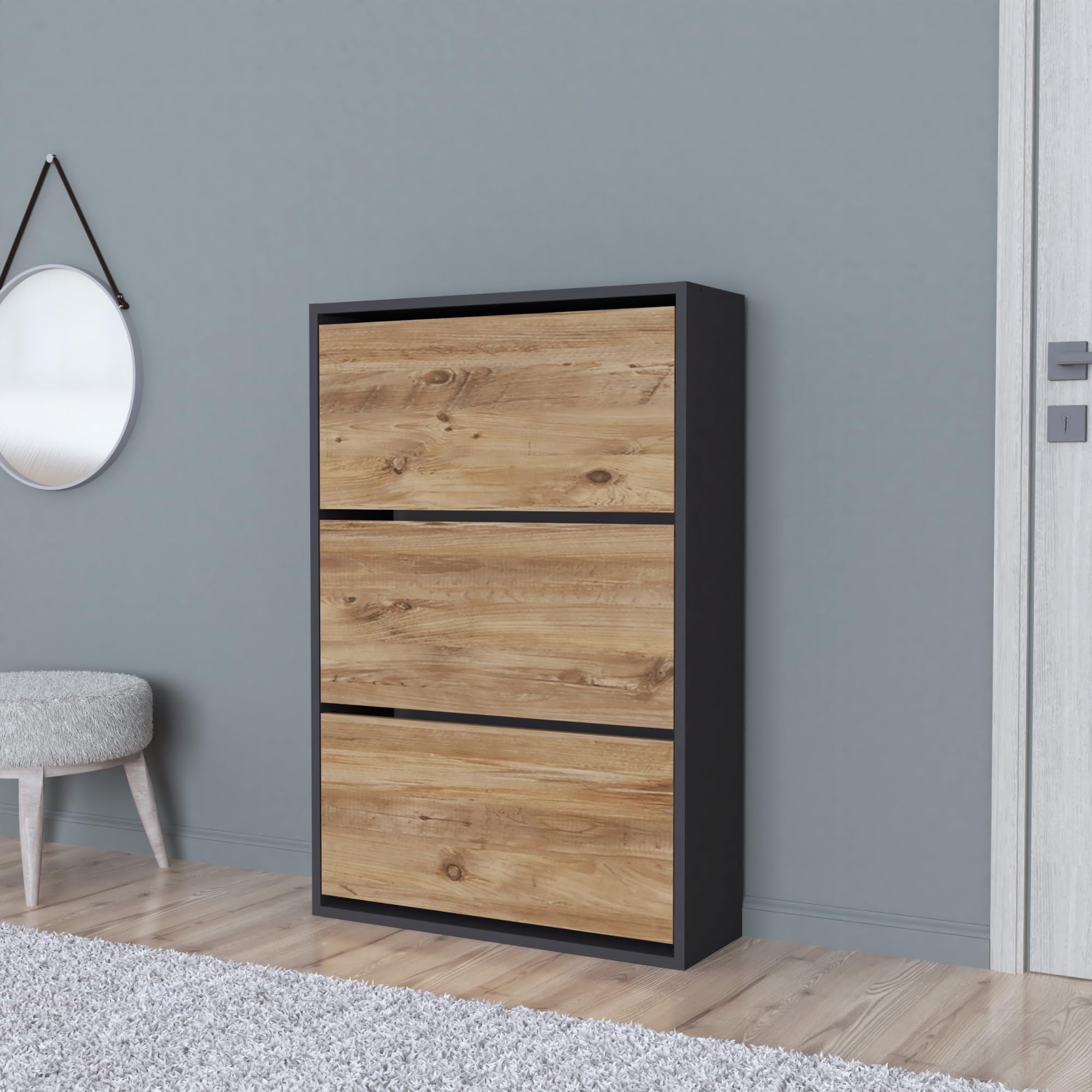 [en.casa] Aurskog szafka na buty uchylna na 18 par, komoda na buty z 3 uchylnymi drzwiami do wejścia, do korytarza, 110 x 73,5 x 24 cm, antracytowa/dąb