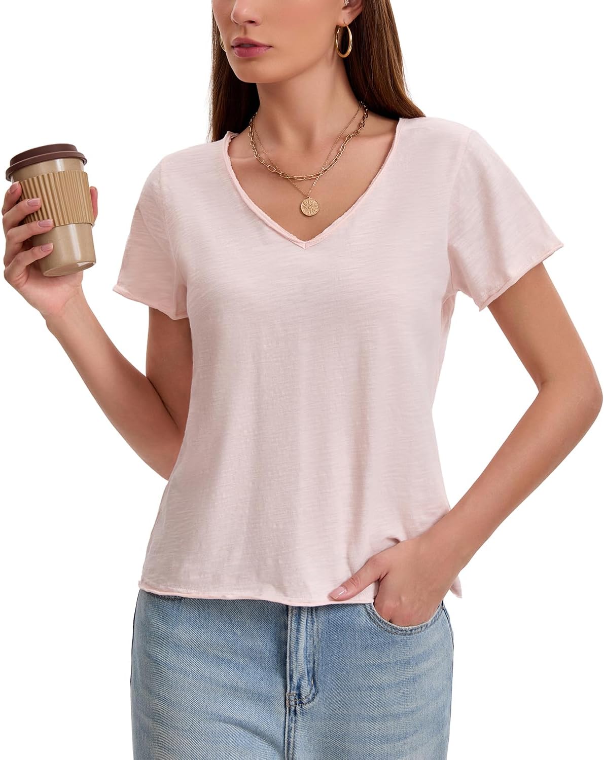 Inadays Womens Slub Cotton T Shirts Short Sleeve V-Neck Raw Hem Summer Tops Loose Fit Tee Basic Clothes Fashion Outfits - Image 2