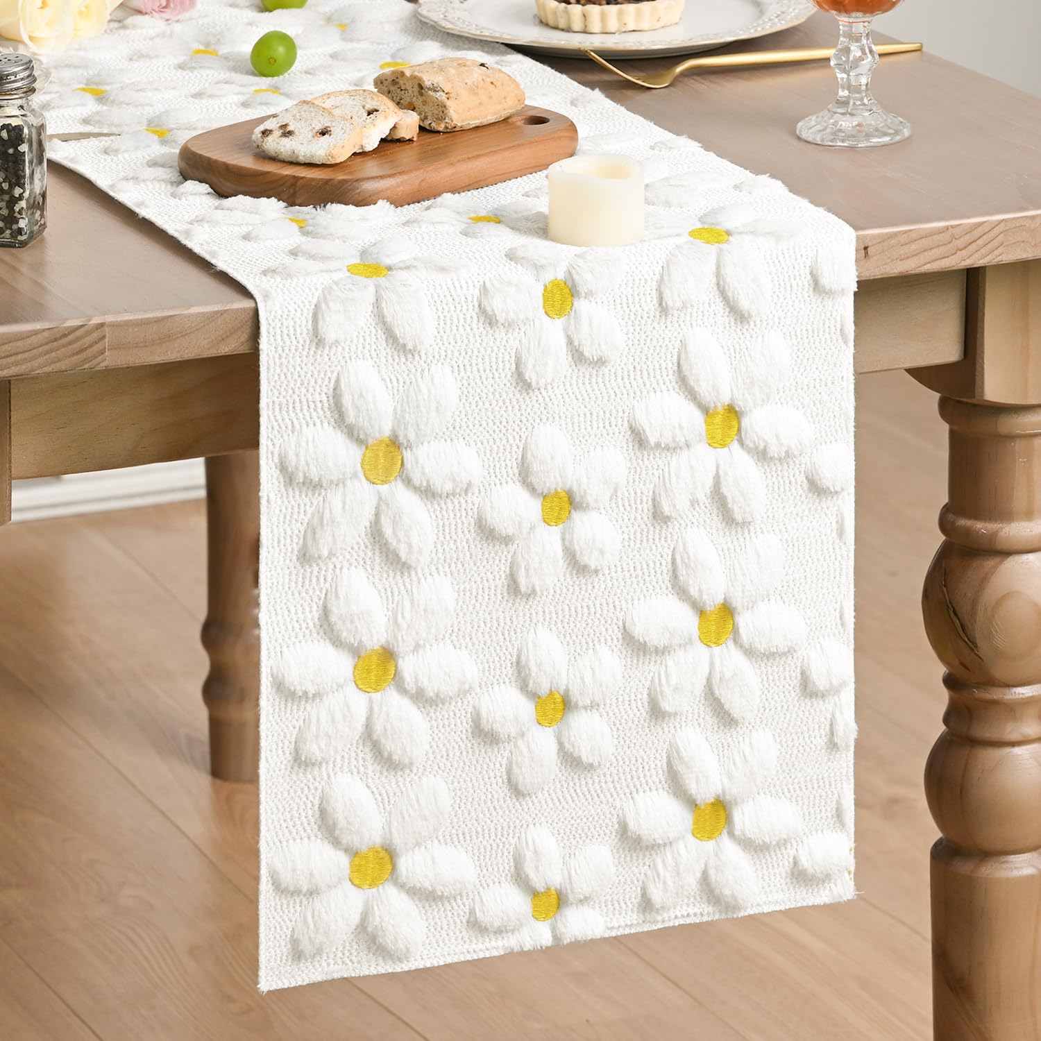 Artoid Mode Soft Plush Faux Fur Cream White Daisy Spring Table Runner, Summer Kitchen Dining Table Decoration for Home Party Decor 33x183 cm