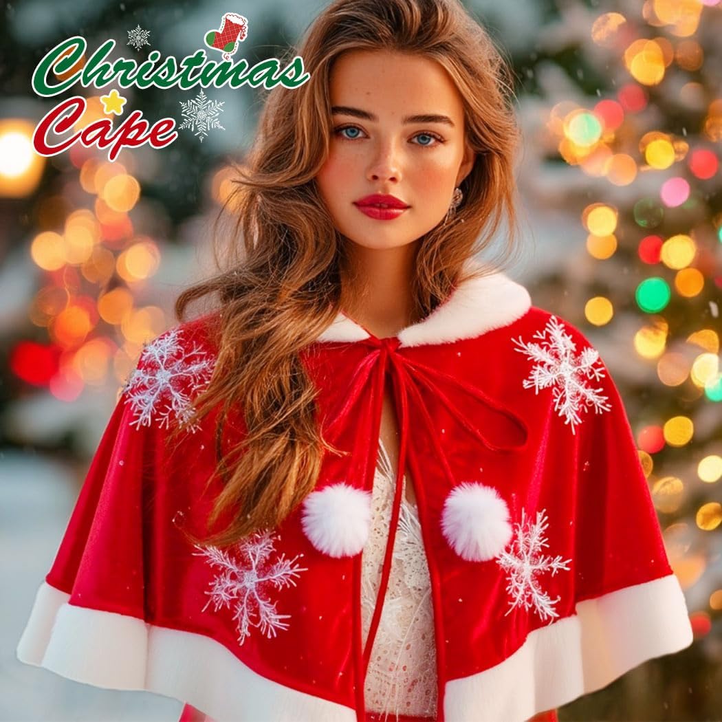JAKAWIN Christmas Cape Snowflake Cloak Costume Capes for Women