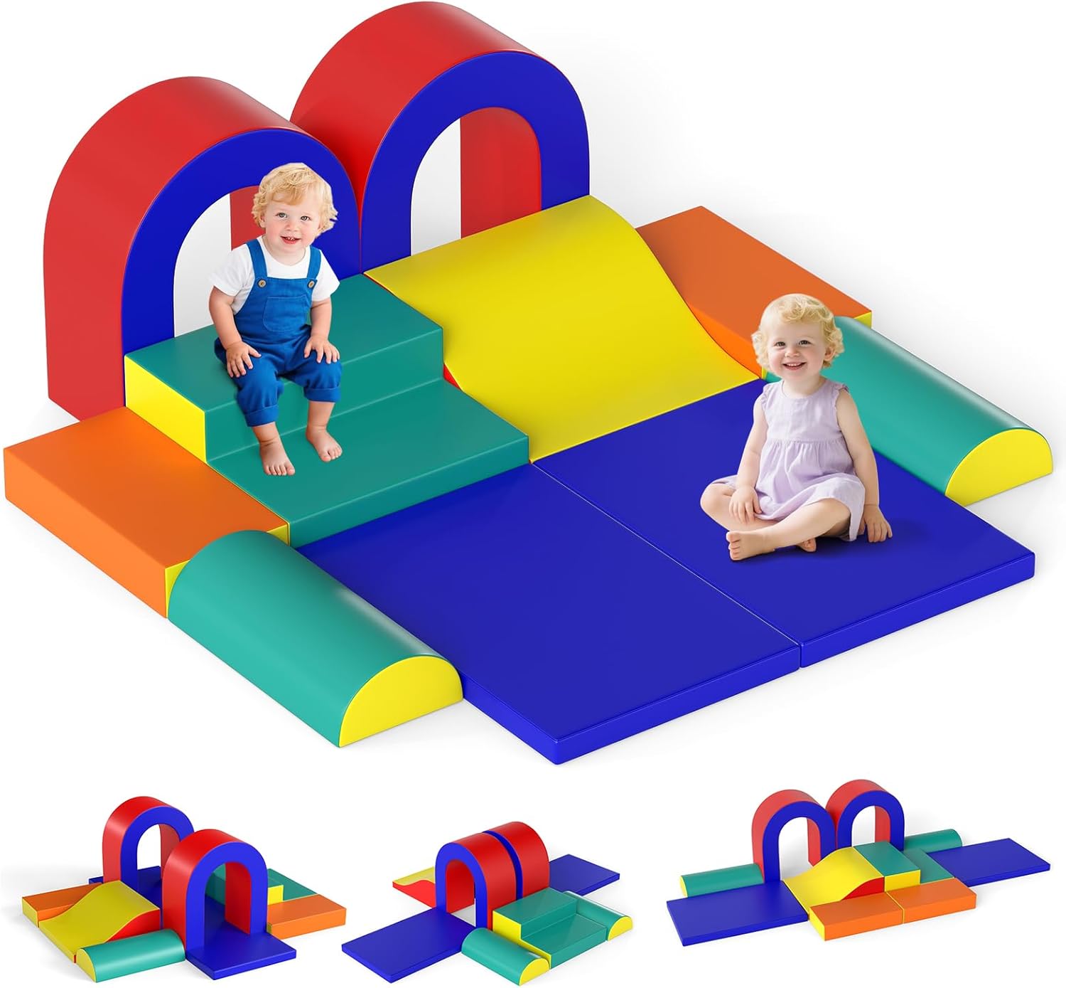 Olakids Toddler Climbing Toys Indoor, 10 Pieces Baby Foam Blocks Soft Play Set with PU Leather, Kids Climb Crawling Activity Gym Playground for 1+ Years (Red)