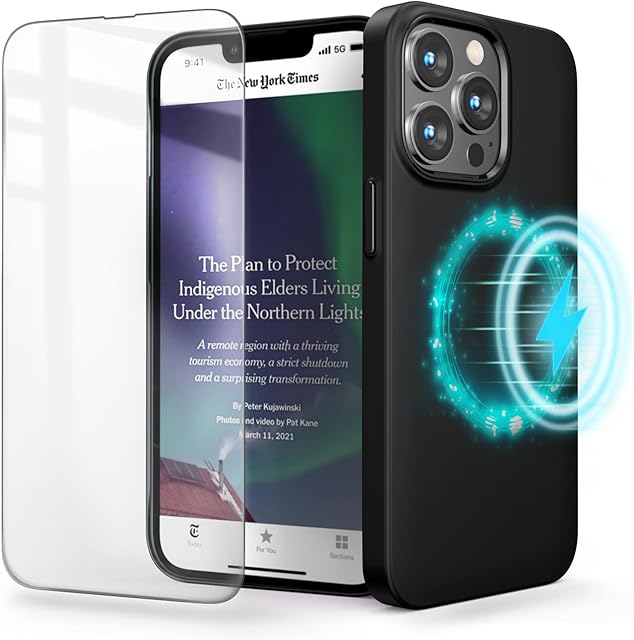 SURPHY Slim Fit Compatible for iPhone 13 Pro Max Case with Screen Protector, Compatible with MagSafe, Ultra Thin Hard PC Phone Case (6.7 inch 2021) (Black)