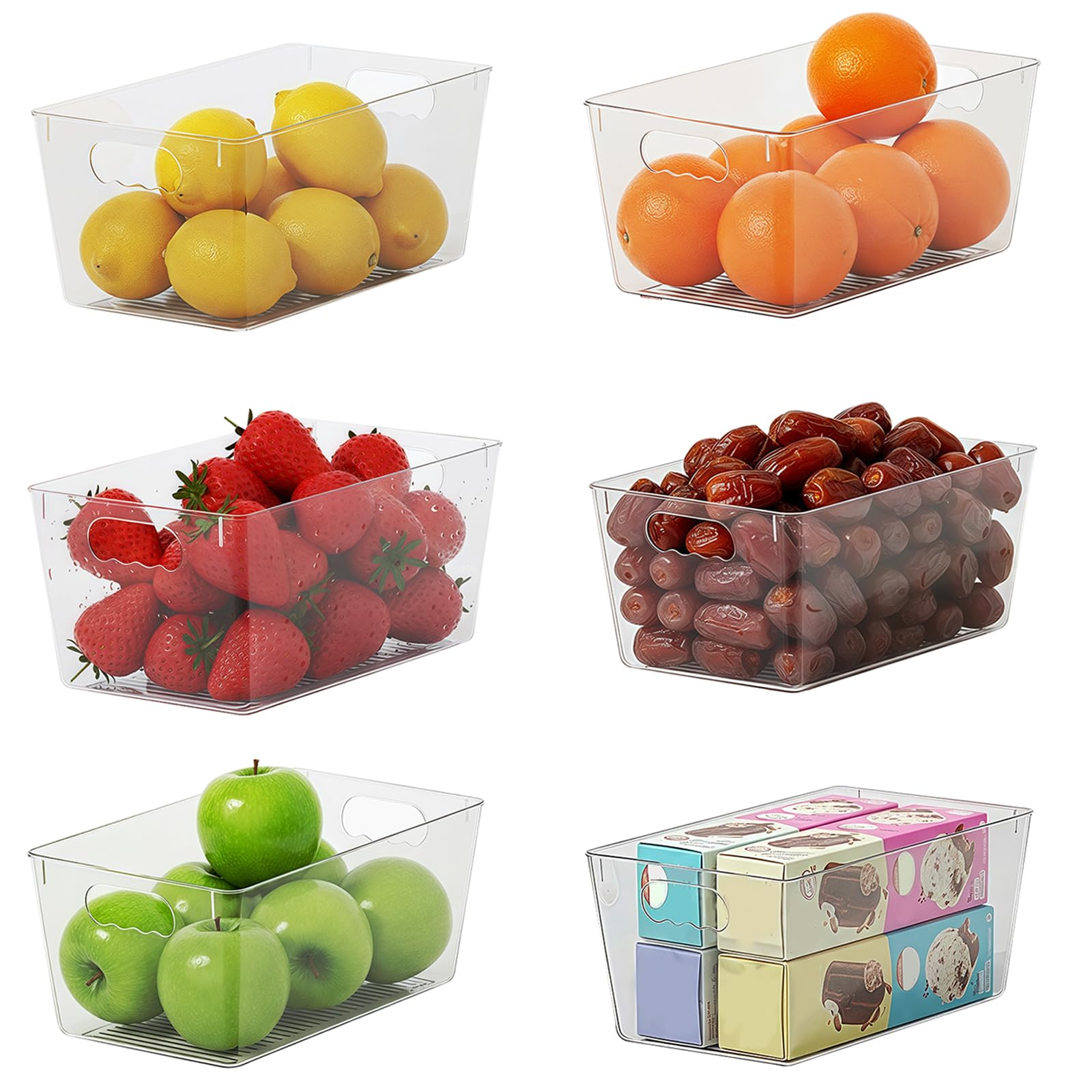 Fridge Organiser with Handles, Clear Pantry Organizer Bins, Food Storage Basket for Kitchen, Countertops, Cabinets, Refrigerator, Freezer, Bedrooms (6 Pack, S(24x13x11CM))
