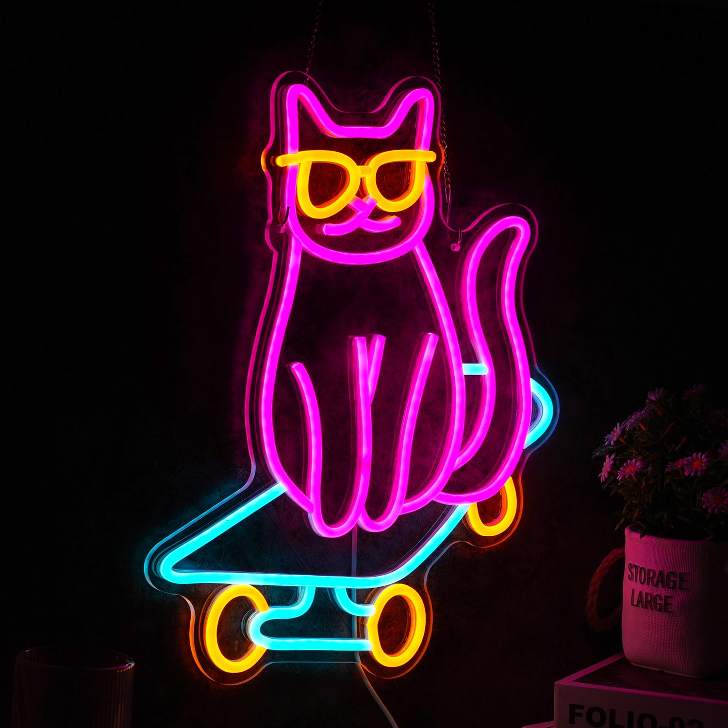 Amazon.co.jp: スケボー猫ネオンサイン かわいいメガネ猫LEDネオン