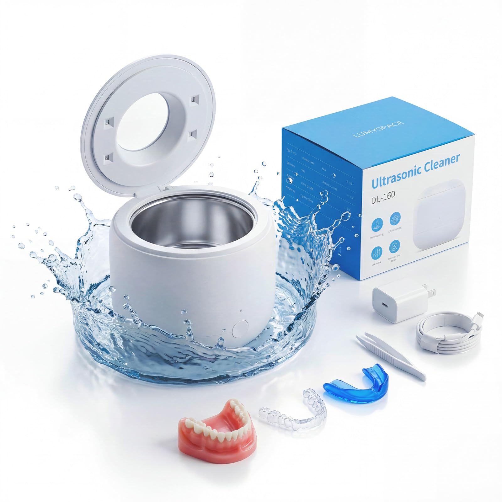 Ultrasonic Retainer Dental Cleaner Machine for Night Guards Mouth Guards Dentures Jewelry Aligner Braces Toothbrush with 2 Digital