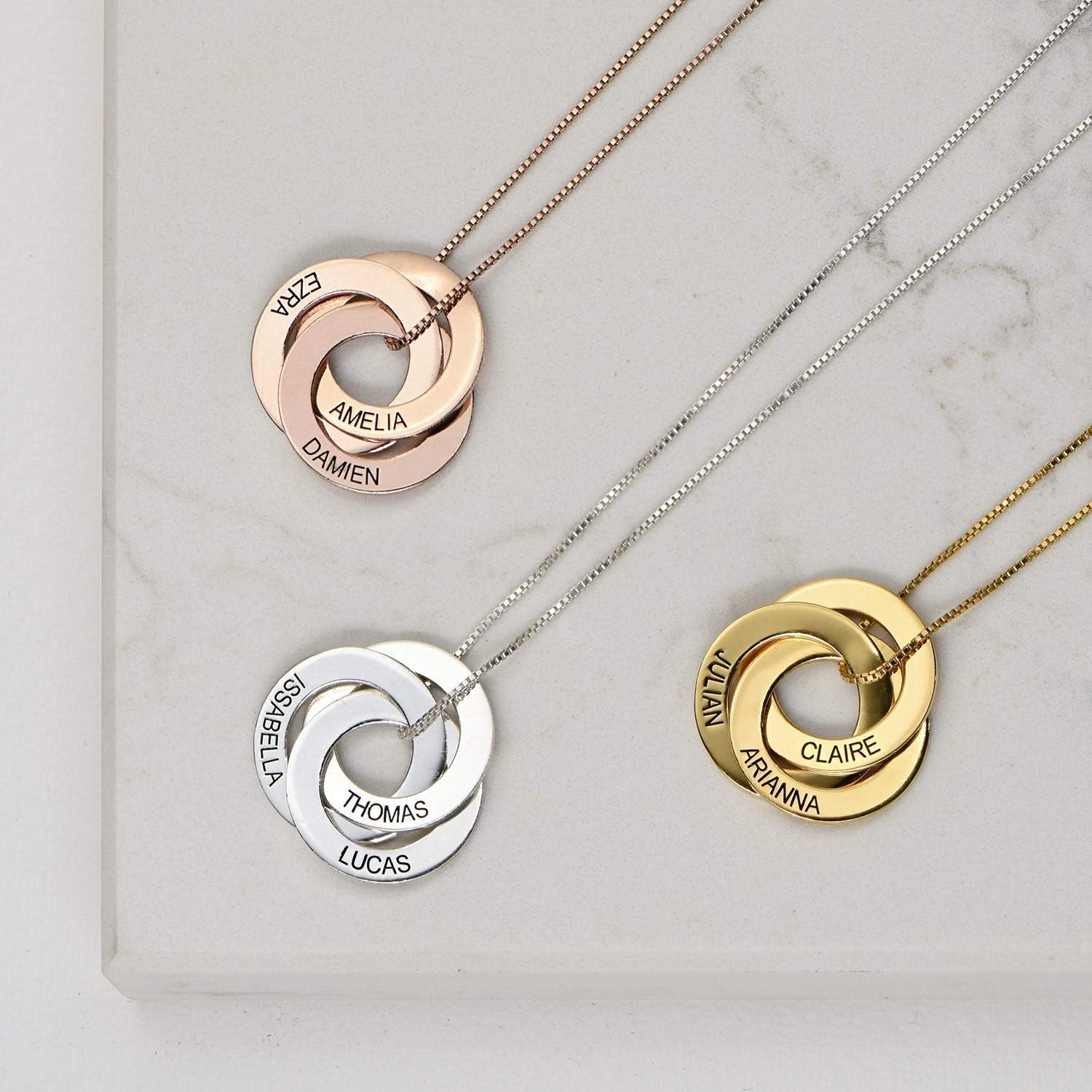 Handmade Three Russian Rings Circle Pendant Necklace in Sterling Silver or Gold - Personalized Custom Engraved Christmas Jewelry Gift for Her Mom Grandma Wife Girlfriend Aunt