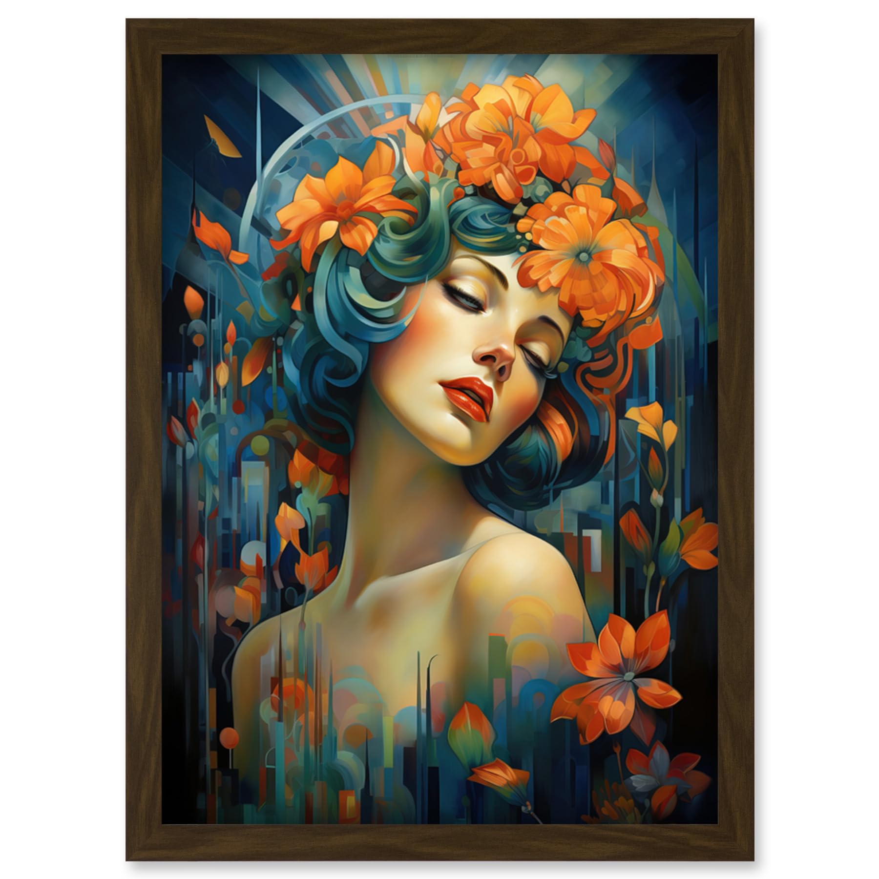 Artery8 Woman Portrait with Flowers Modern Art Deco Vibrant Artwork Orange Blue Floral Headband Artwork Framed Wall Art Print A4