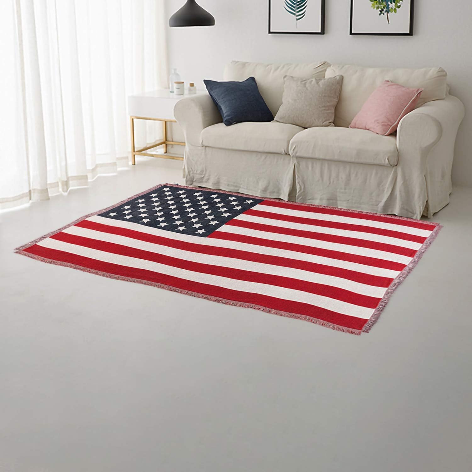 MayNest American Flag Throw Blanket Reversible Soft Woven Cotton Thick Large Tassels Rug Vintage USA Military United States Print Knit Tapestry Chair Recliner Loveseat Couch Sofa Cover (Large: 91x71)