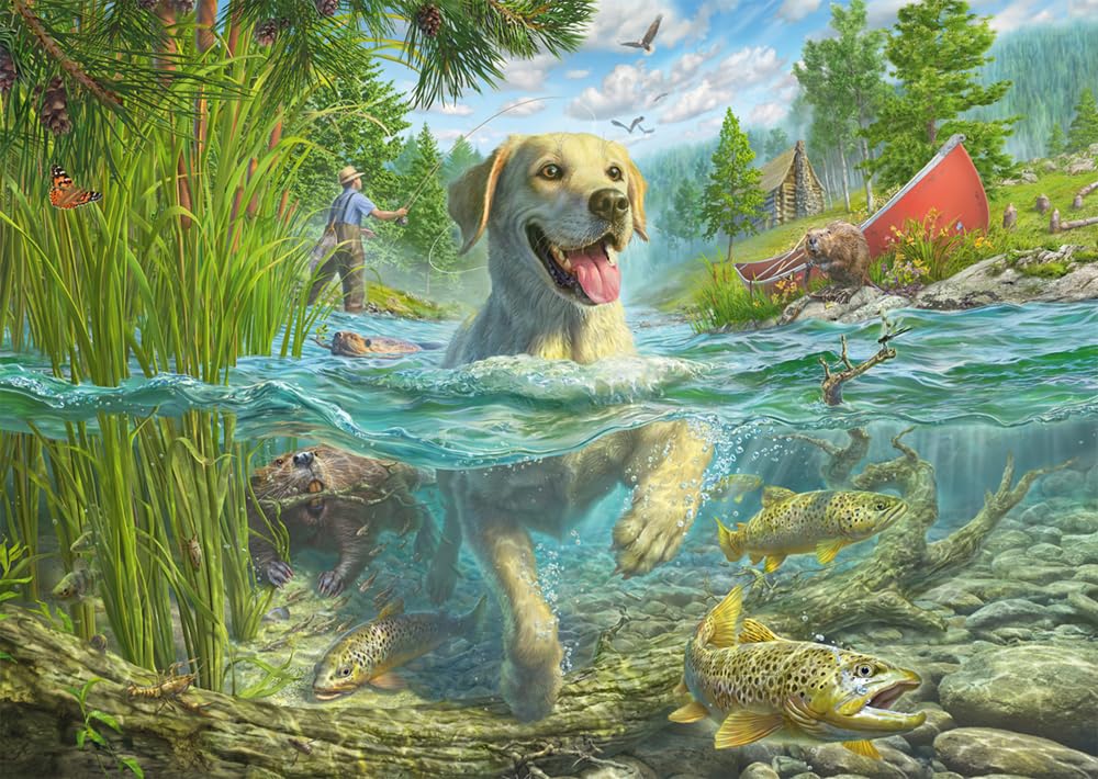 Schmidt Spiele 58557 Mark Frederickson, Dog Love, Yellow Labrador on Fish Hunt, 1000 Piece Puzzle