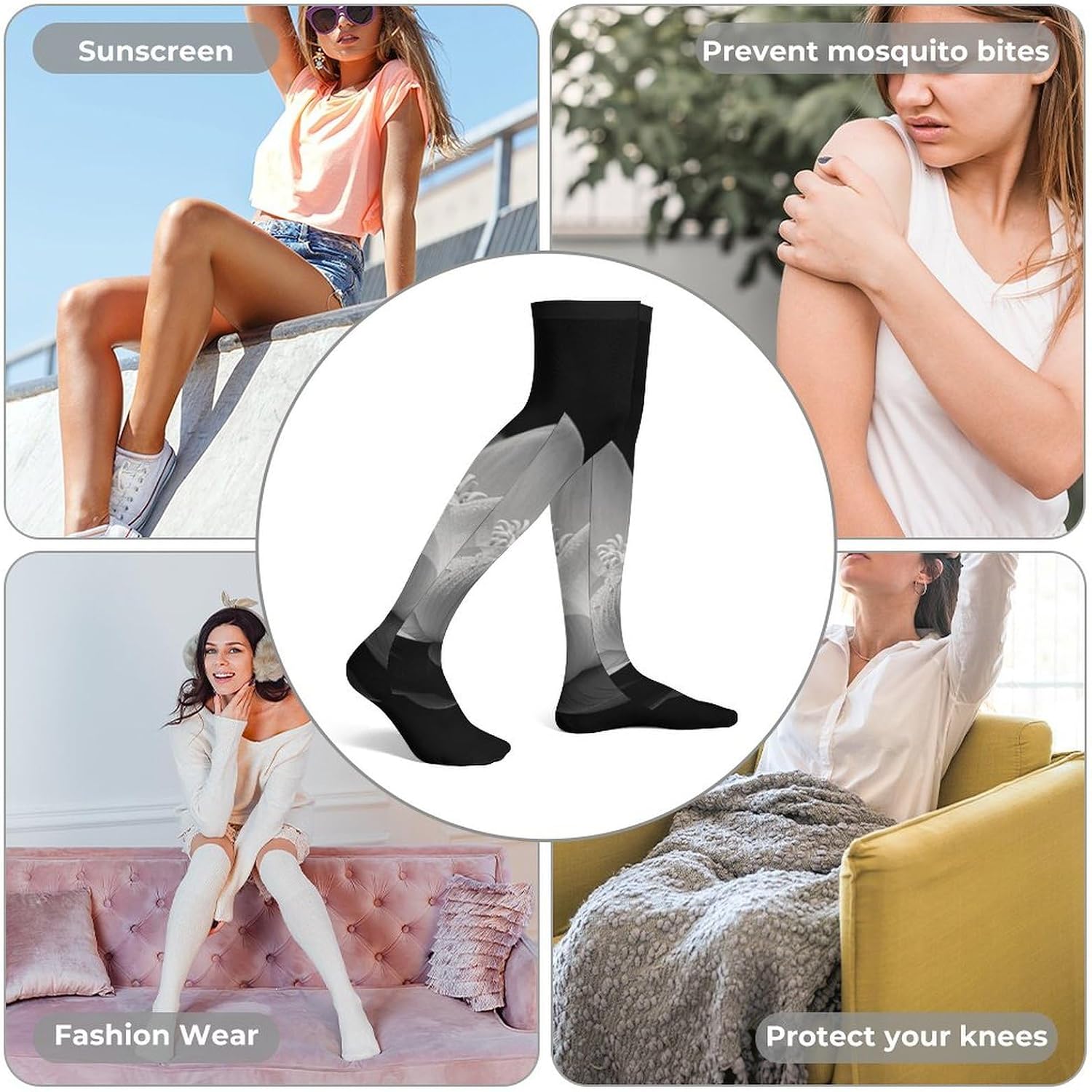 Black And White Knee High Stockings for Women 23.6" Breathable Thigh High Stockings Over The Knee Socks
