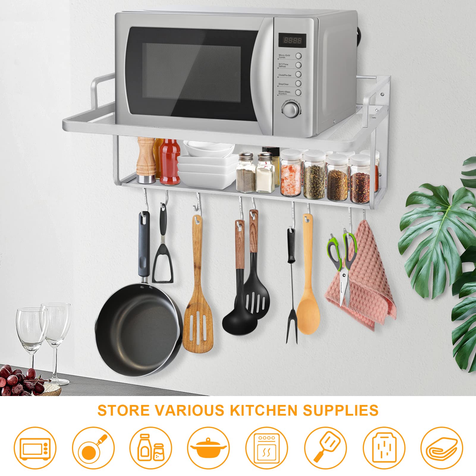 Scaffale Per Microonde Sospeso - 2 Ripiani, 55x38x25 Cm, Con 10 Ganci, In Alluminio, Portata 40 Kg, Per Cucina - Foto 14