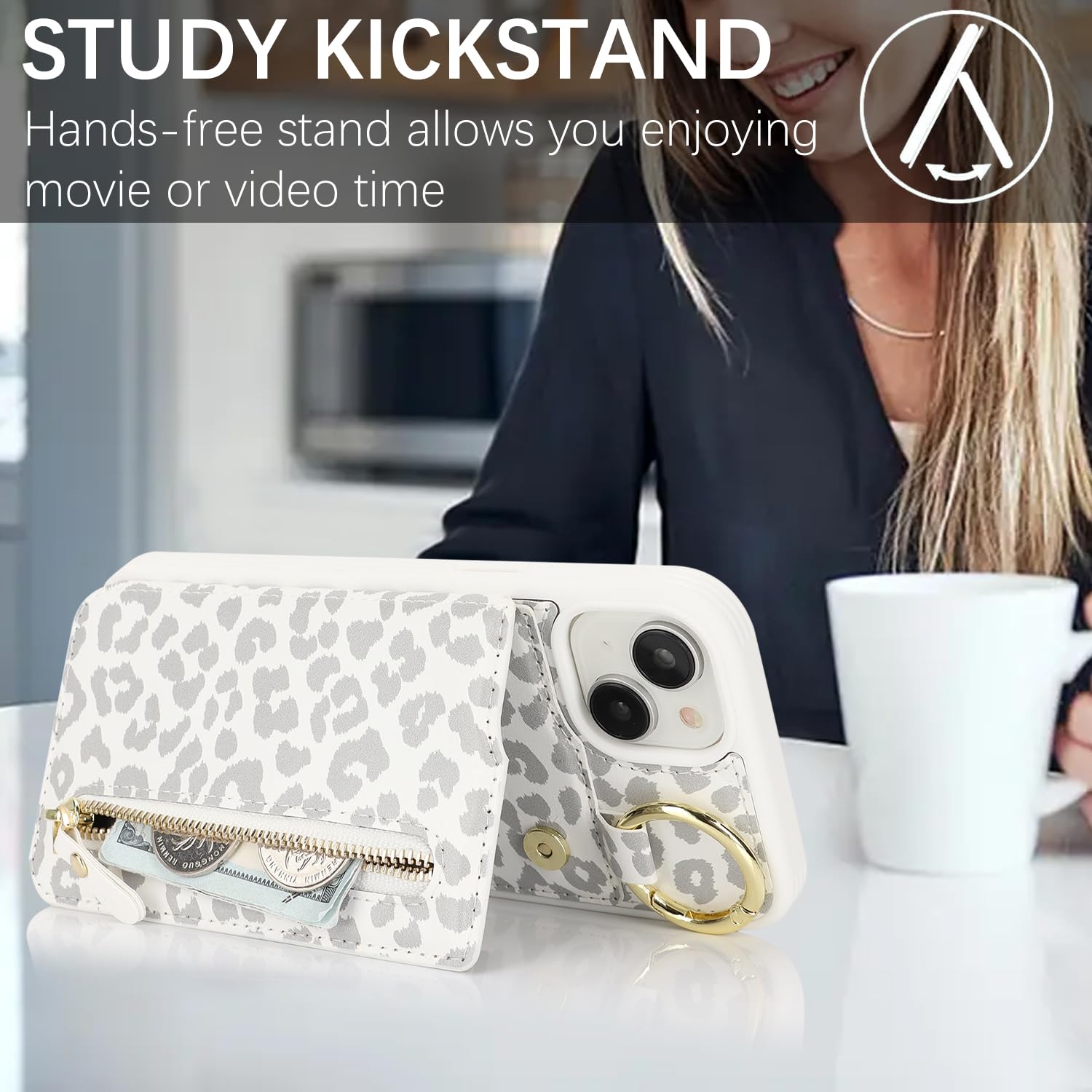 Havaya Funda para iPhone 15 Plus con tarjetero, funda para iPhone 14 Plus, funda tipo cartera para mujeres y hombres, funda de piel con cremallera trasera, funda tipo cartera con anillo, estampado de