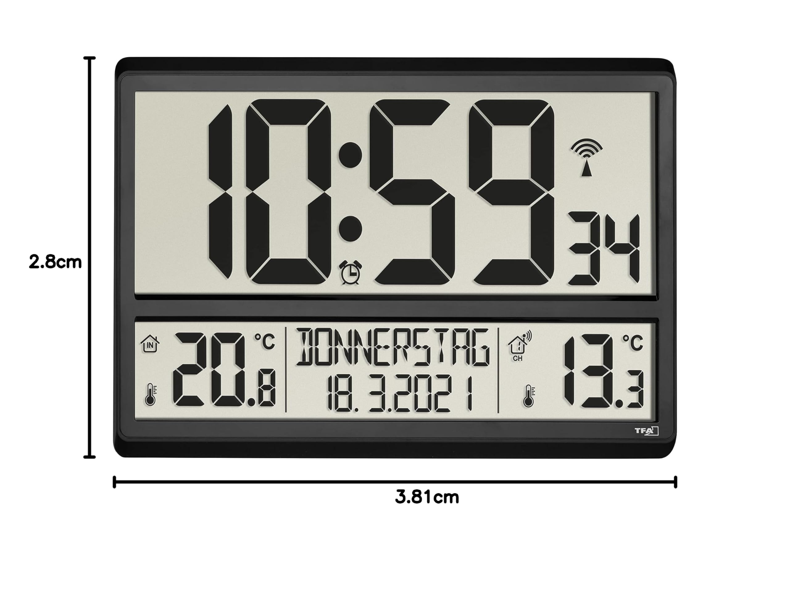 TFA Dostmann Digitale XL Wanduhr, 60.4521.01, mit Außentemperatur, Innentemperatur, Wochentag (8 Sprachen), Funkuhr, Datum, schwarz, (L) 360 x (B) 235 x (H) 28 (84) mm