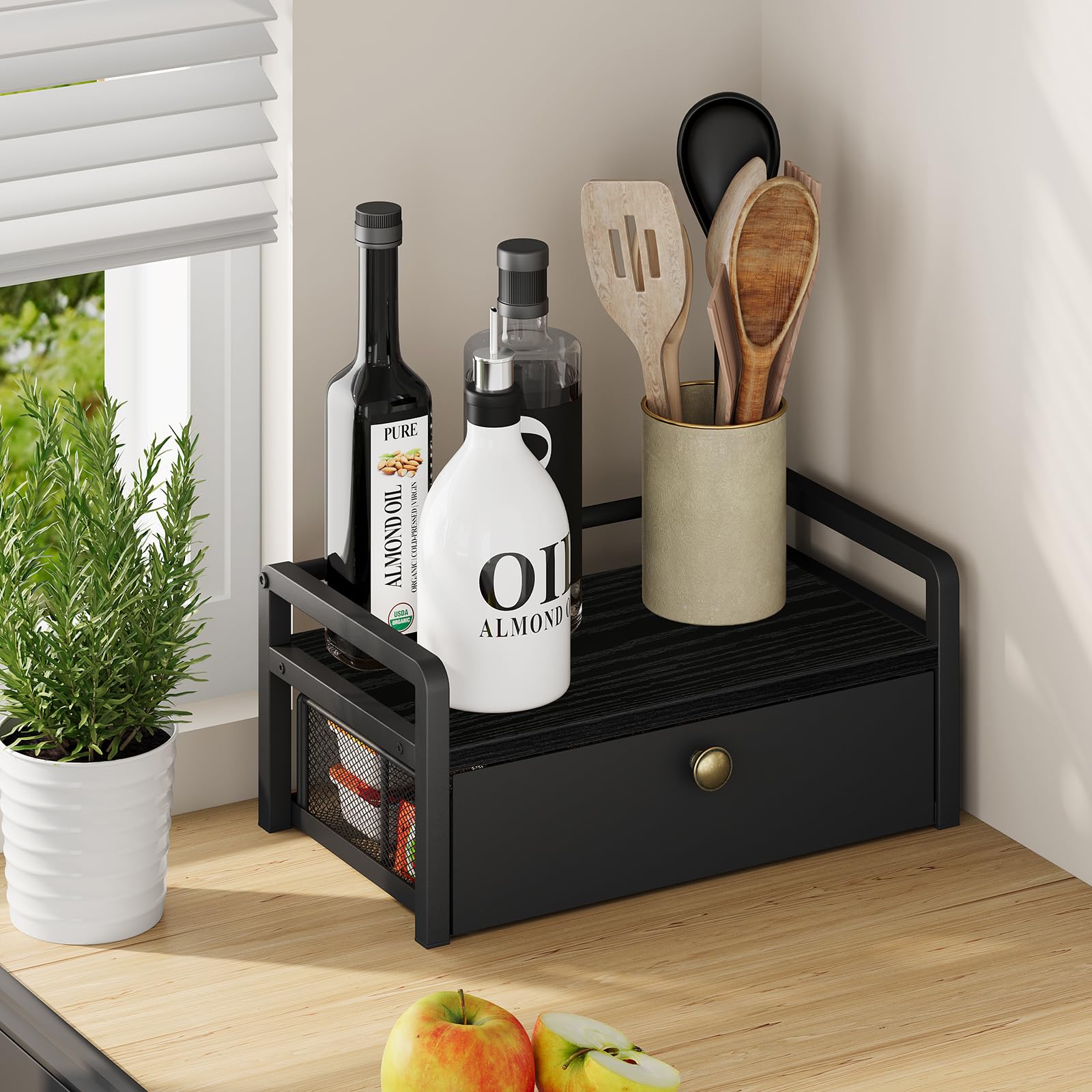 YINMIT Boîte de rangement pour sachets de thé, avec tiroir à 8 compartiments | Boîte à thé en bois et métal et coffre de rangement, organisateur de station à thé pour comptoir de cuisine, noir