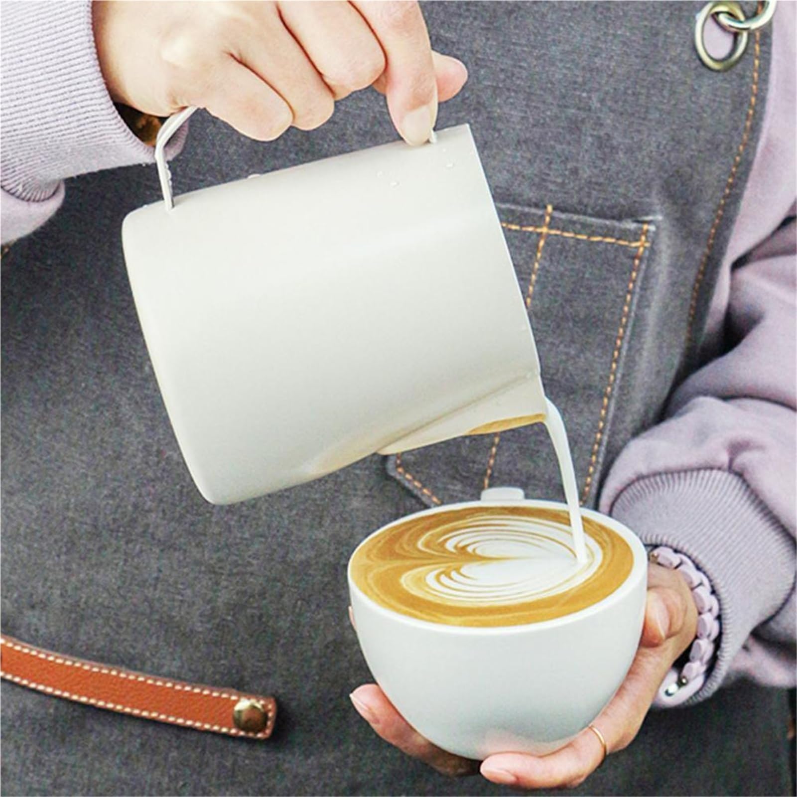 Jarra humeante de café acero inoxidable, taza espuma leche, jarra Latte, Espumador grueso, 2 uds Para Espumar(Silvery 450ML)