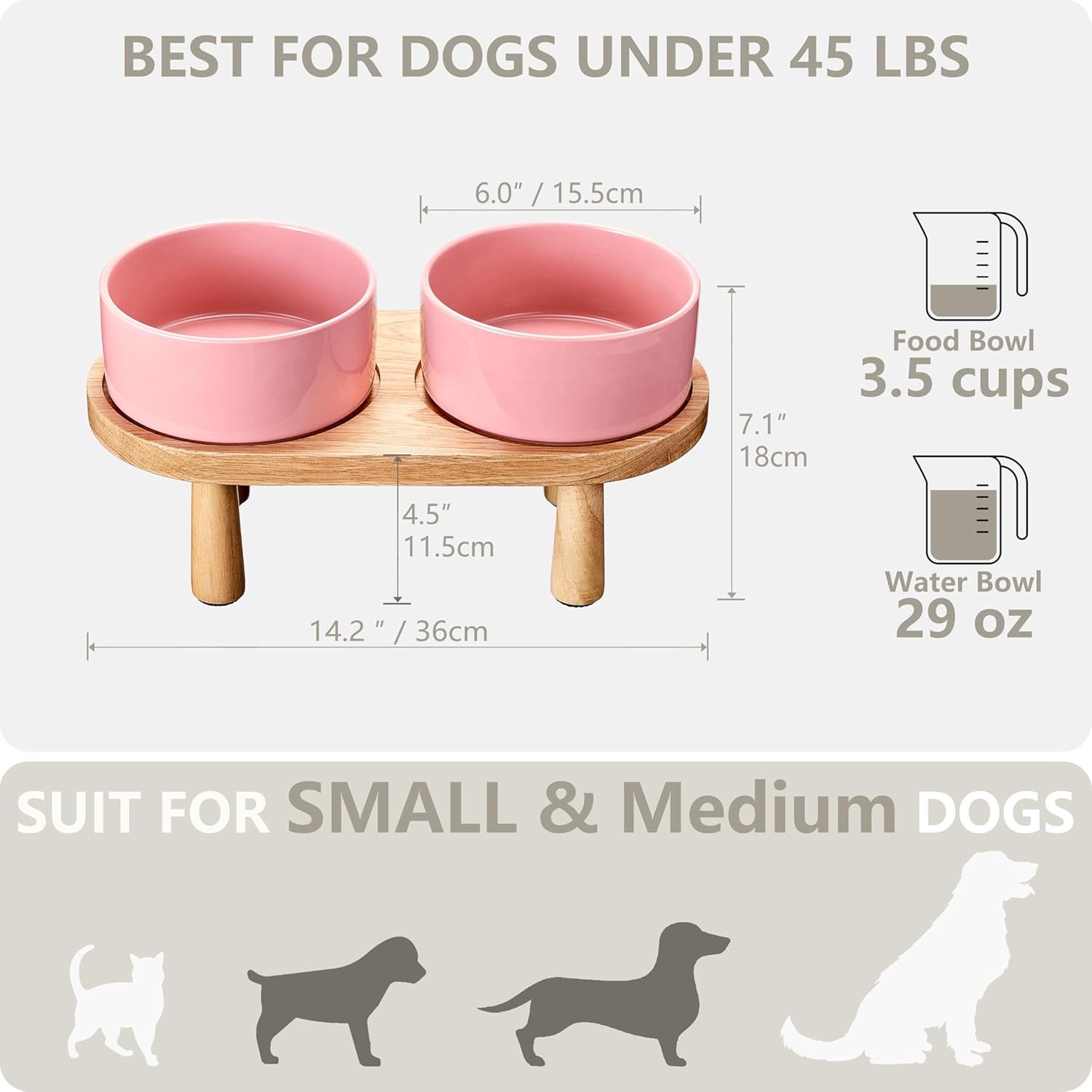 Ceramic Elevated Dog Bowls, Pet Food and Water Bowl Set for Medium and Small Dogs, 3.5 Cups Dog Bowls Raised with Wood Stand, 29OZ, Pink