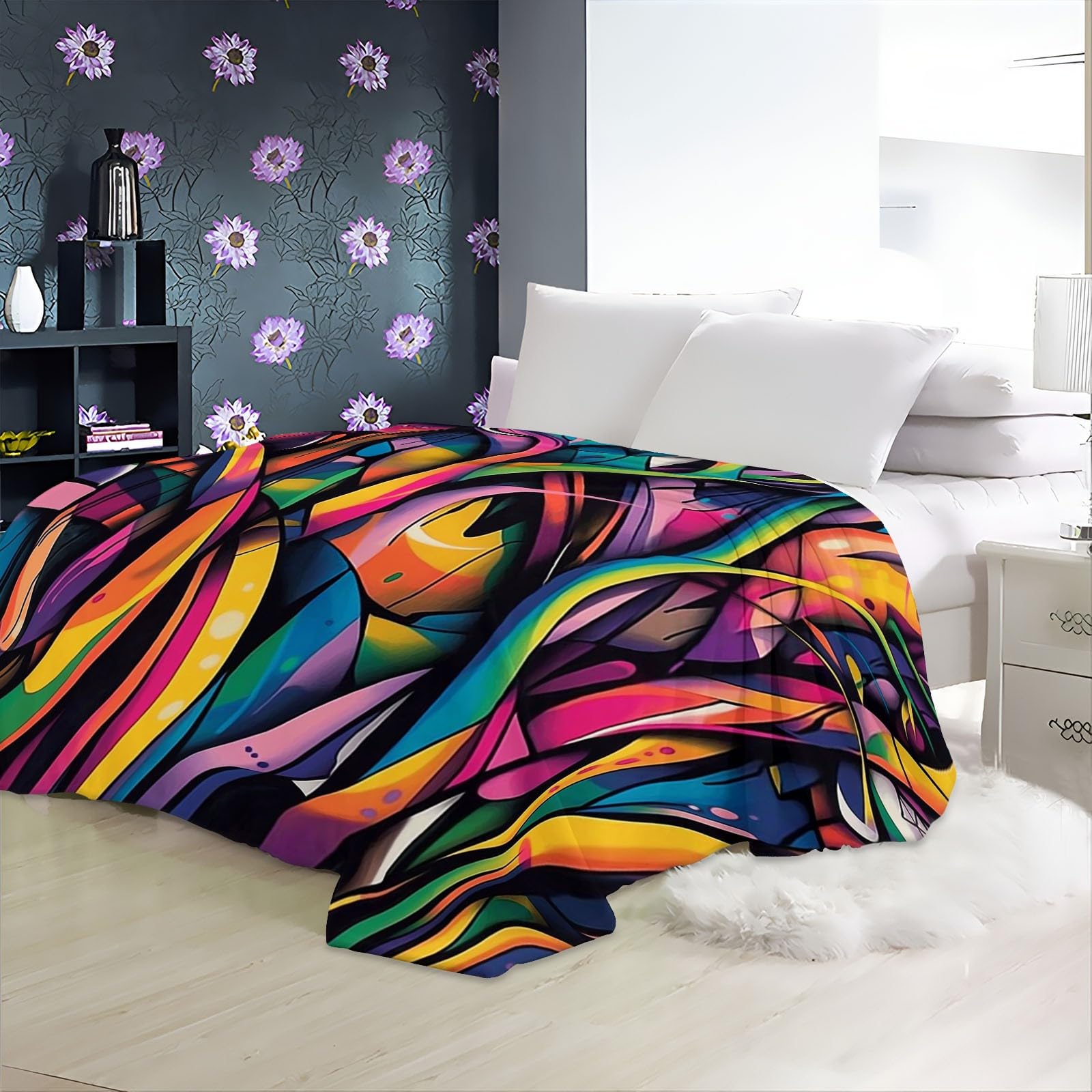 Abstrakcyjny koc w paski graffiti jesień pościel 180 x 200 cm oddychający koc flanelowy czerwony zielony na podróż na kanapie do sypialni