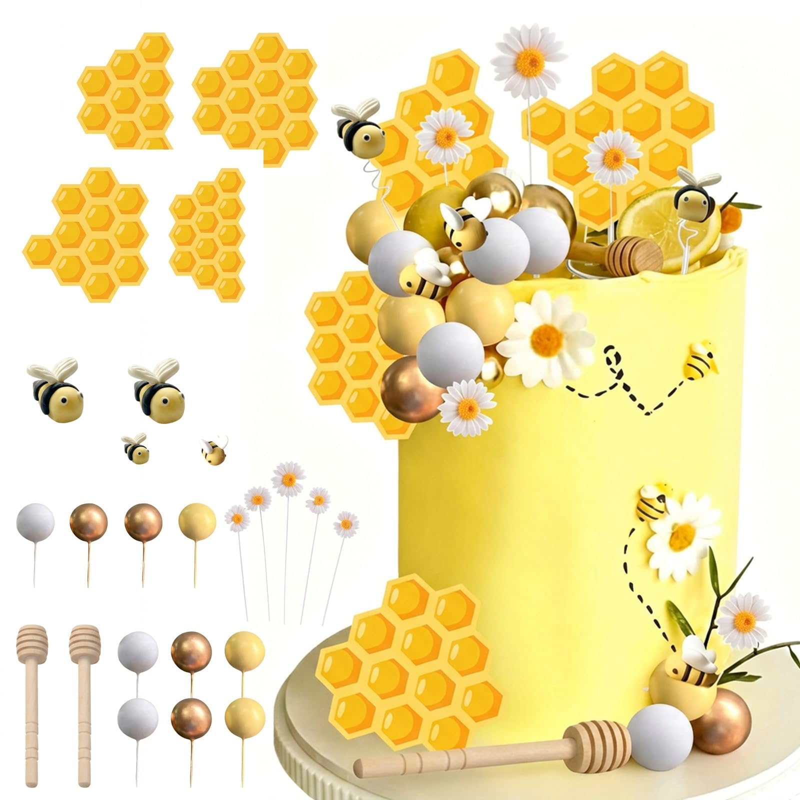 31 Pcs Set Bee Cake Decorations, Yellow White Cake Topper Balls