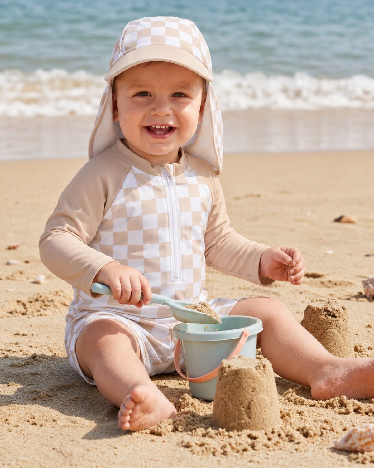 JiAmy Toddler Boys Rash Guard Swimsuit Set with Sun Hat, Long Sleeve Baby Boy Bathing Suit with Swim Trunks, 6M-4Y