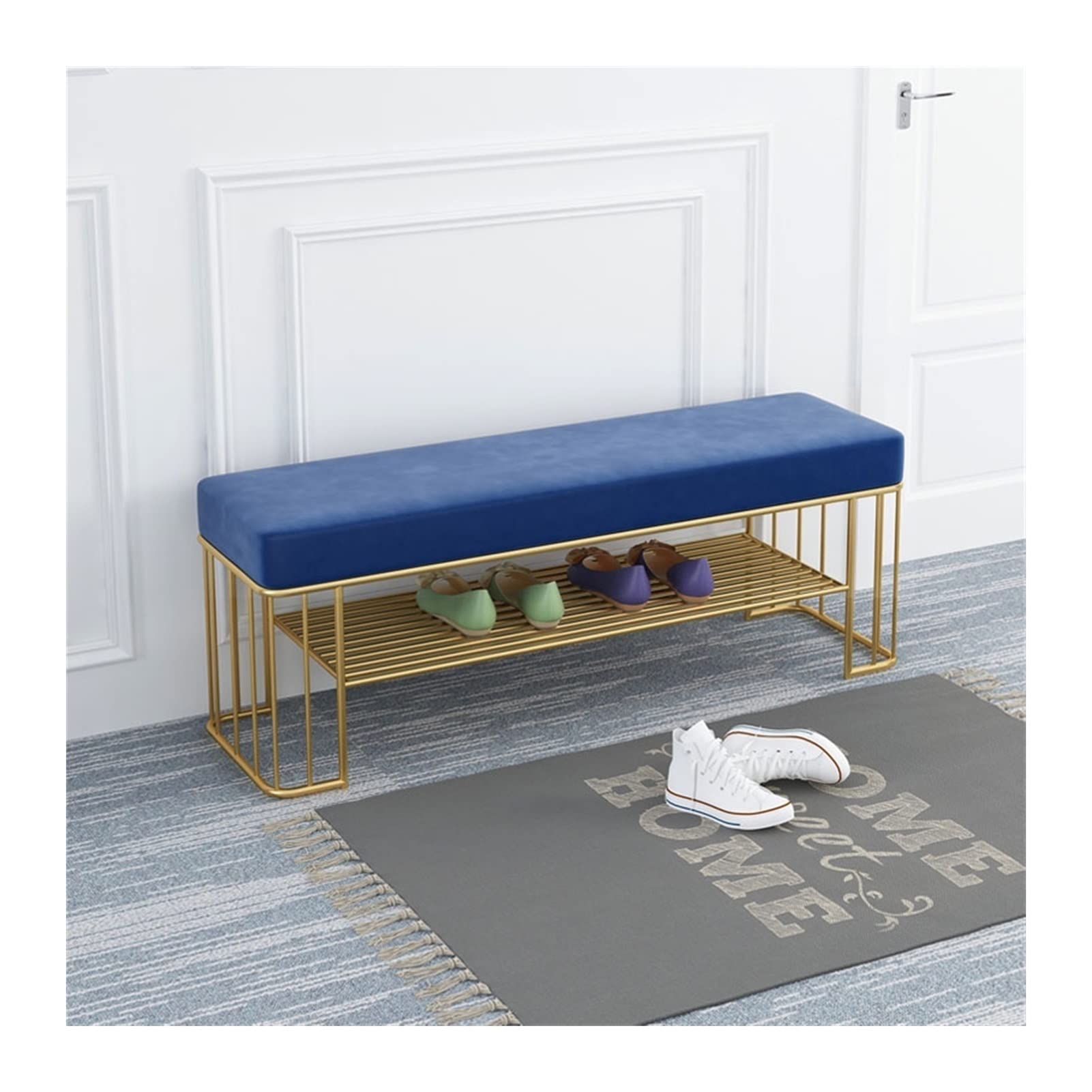 Meuble à chaussures d'entrée avec banc de rangement et repose-pieds doré pour couloir et salon