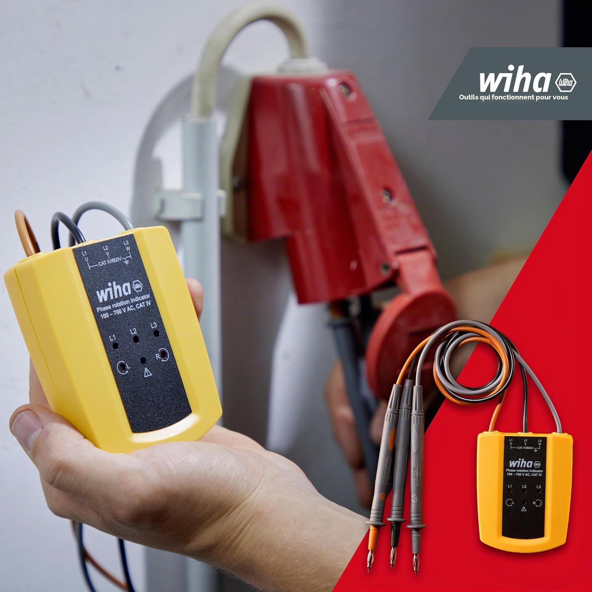 Wiha 45221 Drehfeldtester Cat III 1000 V, Cat IV 600V Noir