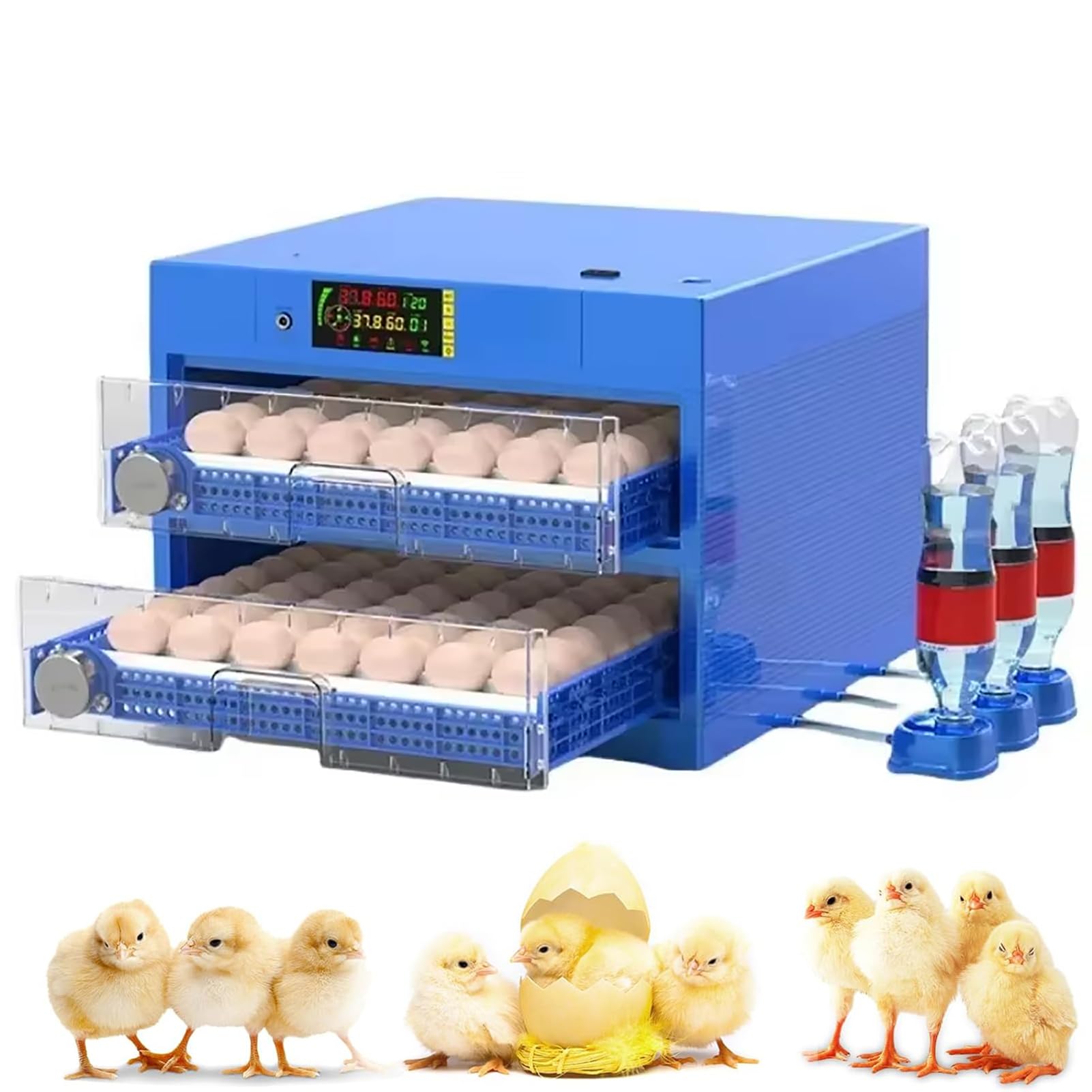 Incubadora de Huevos con volteo automático y Control de Humedad. Capacidad para 128/500 Huevos.