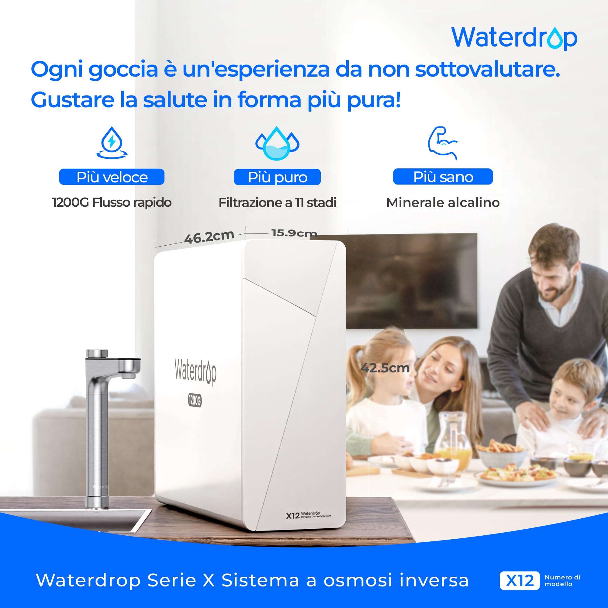 Waterdrop X12 Minerale Alcalino pH+ Osmosi Inversa Sistema, NSF/ANSI 58&372 Certificato, 1200 GPD a Flusso Rapido, Filtrazione a 11 Stadi, 3:1 da Puro a Scarico, Senza BPA