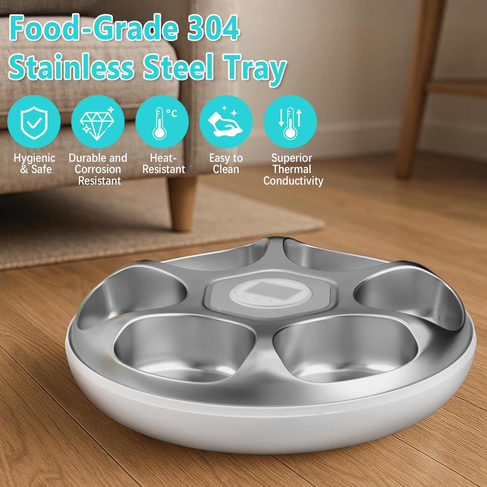 Ownpets Alimentatore automatico per animali domestici con timer in acciaio inossidabile | Cibo umido, alimentatore USB a batteria, due confezioni di ghiaccio, 6 pasti ciascuno 0,2 kg